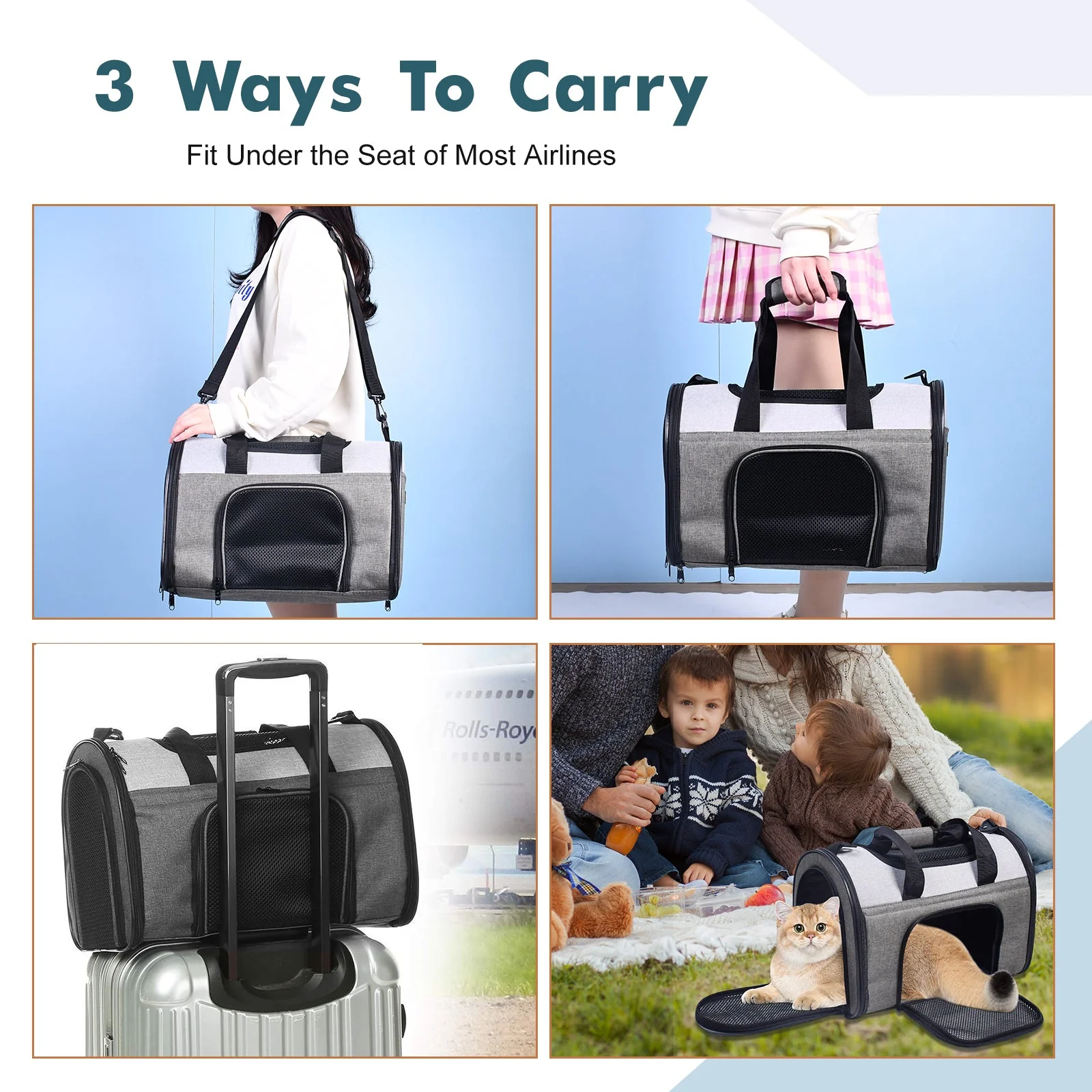 GOOPAWS Collapsible Airline Travel Pet Carrier Bag, Smoke Grey, 16'' - Image 7