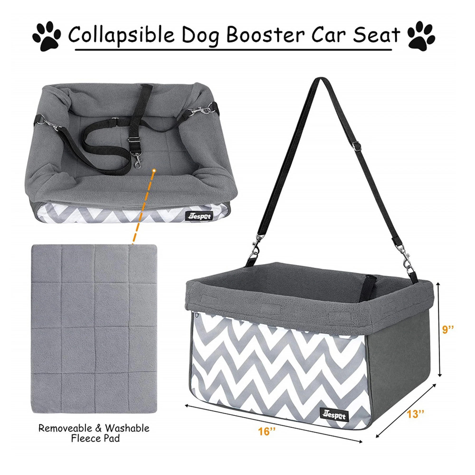 Jespet Car Travel Dog Booster Seat & Seat Belt, Gray - Image 4