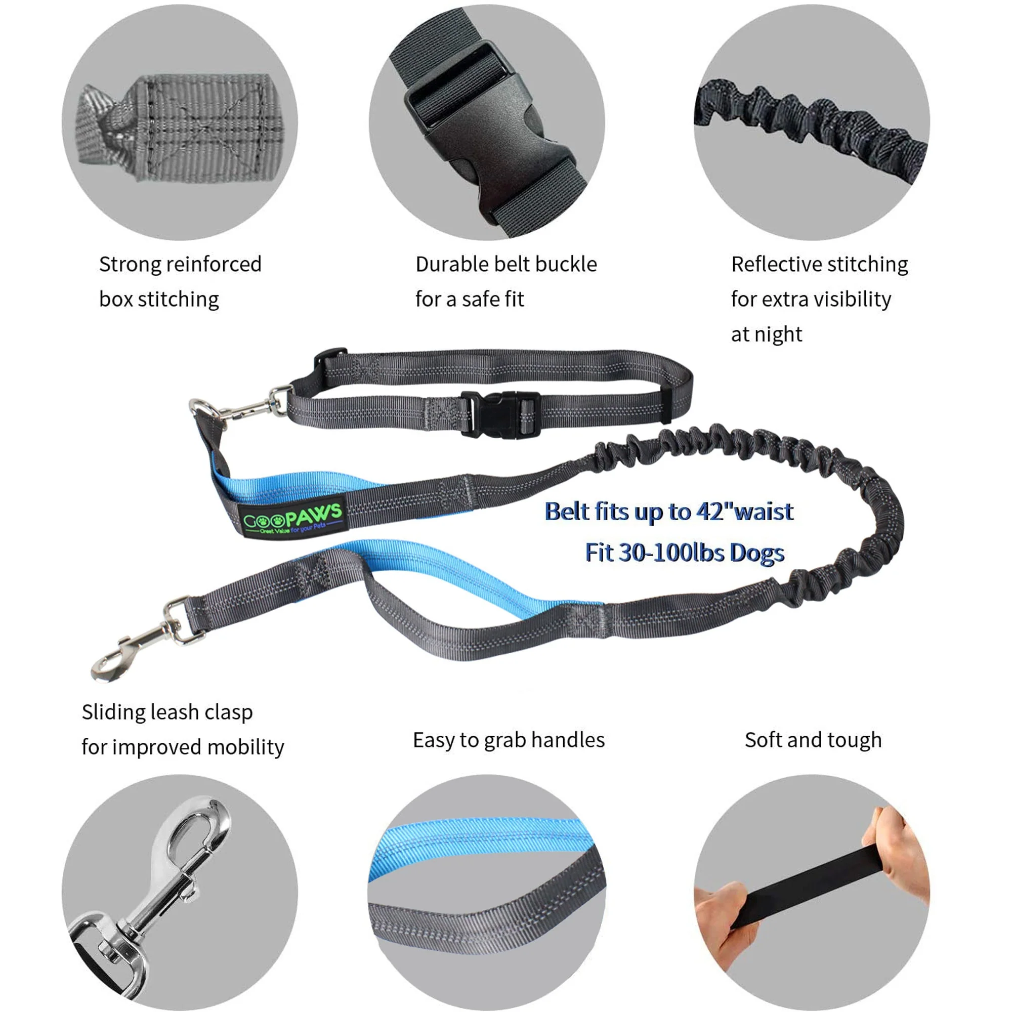 GOOPAWS No Pull Hand Free Bungee Dog Leash for Hiking, Running, Blue - Image 3