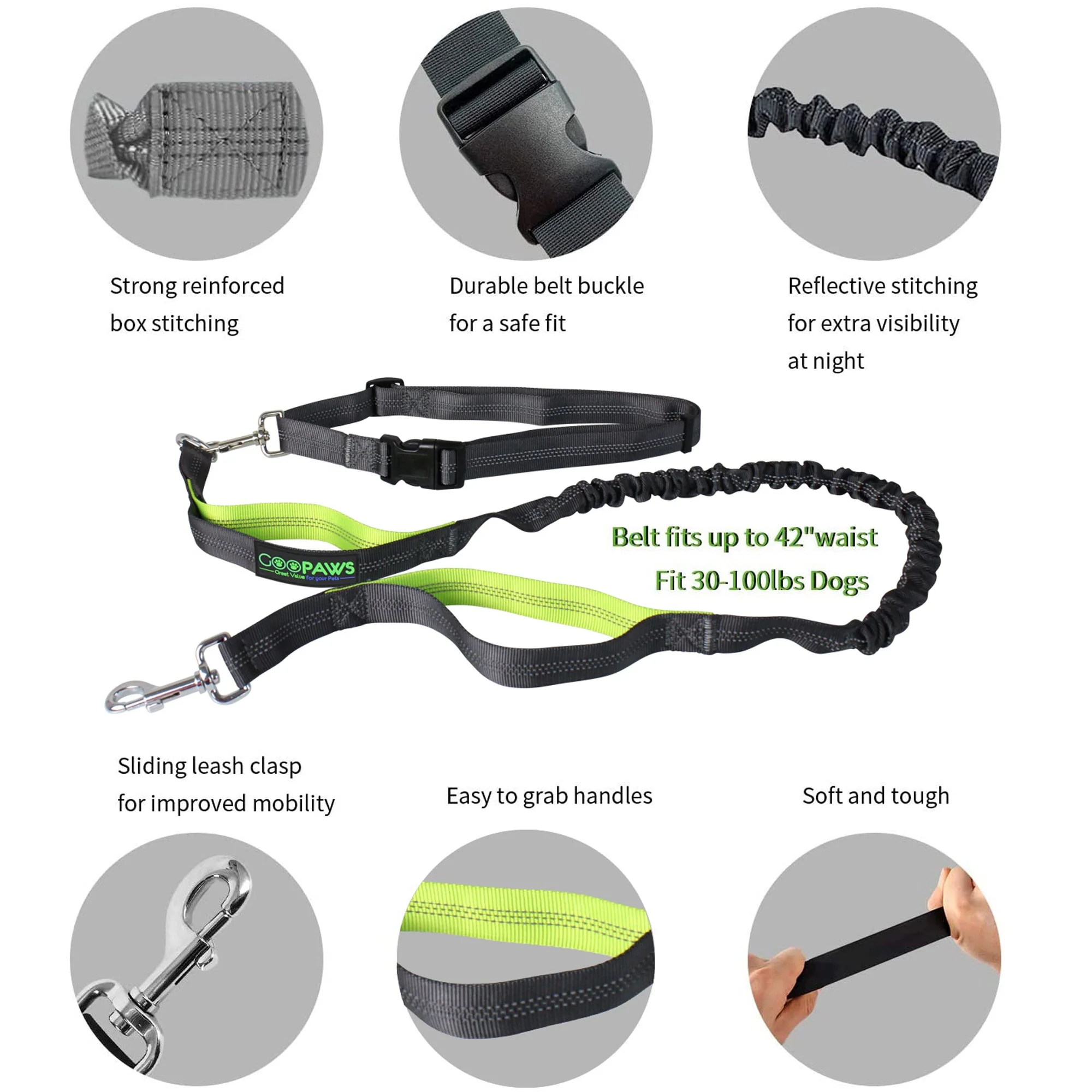 GOOPAWS No Pull Hand Free Bungee Dog Leash for Hiking, Running, Green - Image 4