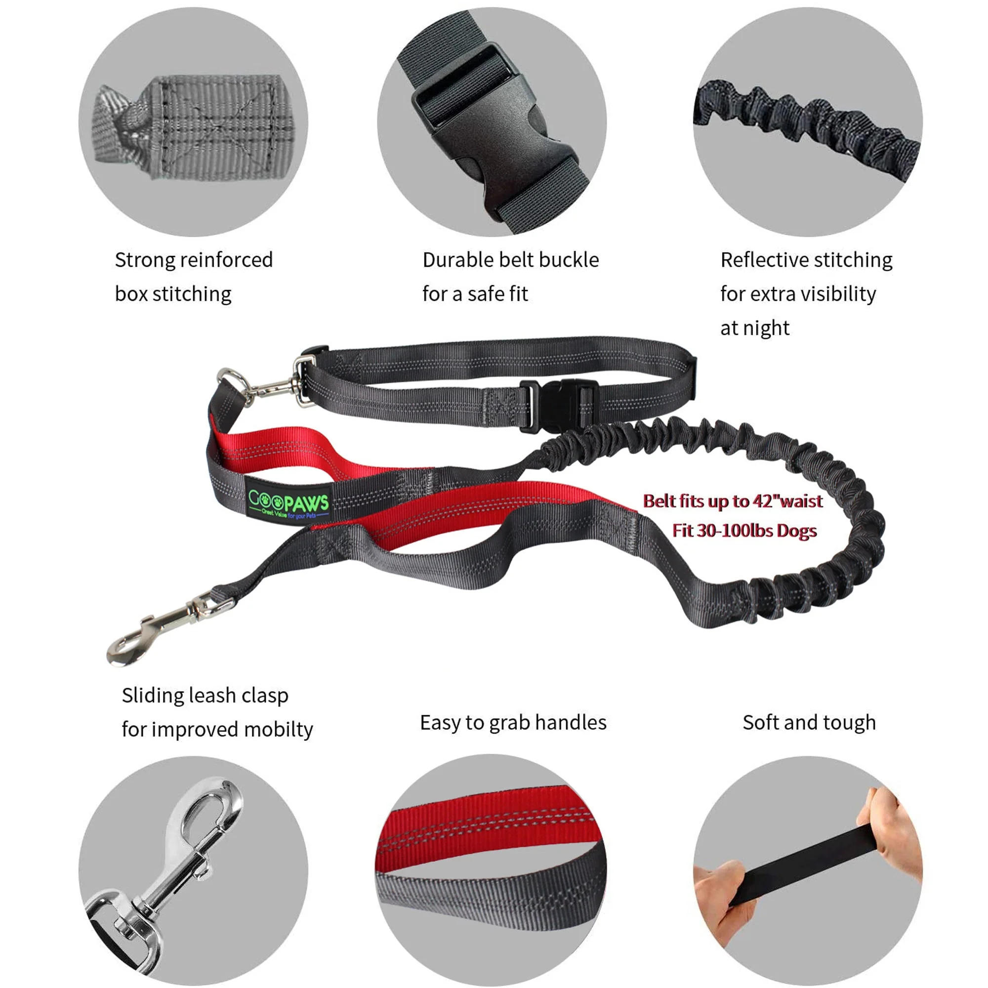 GOOPAWS No Pull Hand Free Bungee Dog Leash for Hiking, Running, Red - Image 4