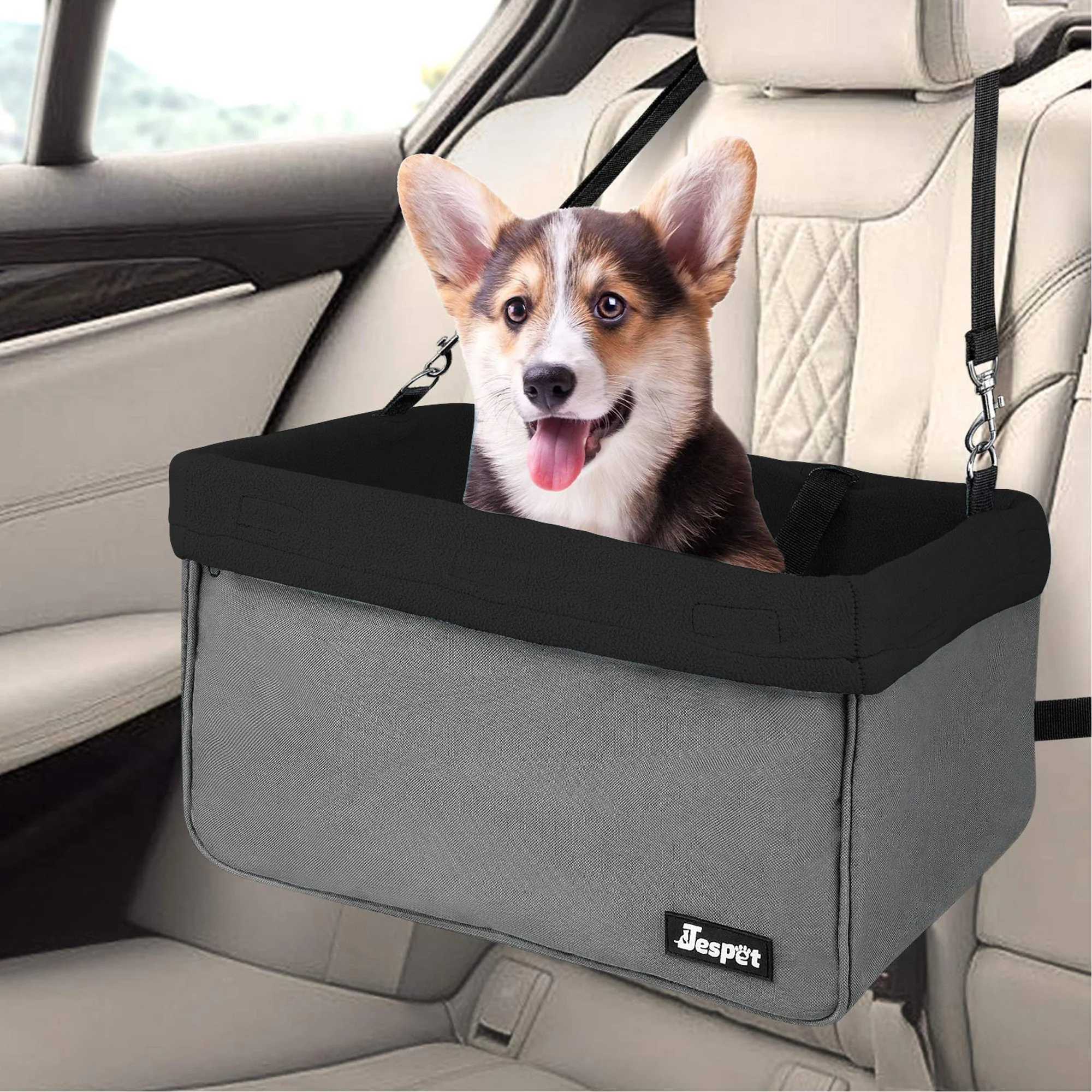 Jespet Car Travel Dog Booster Seat & Seat belt, Grey/Black - Image 2