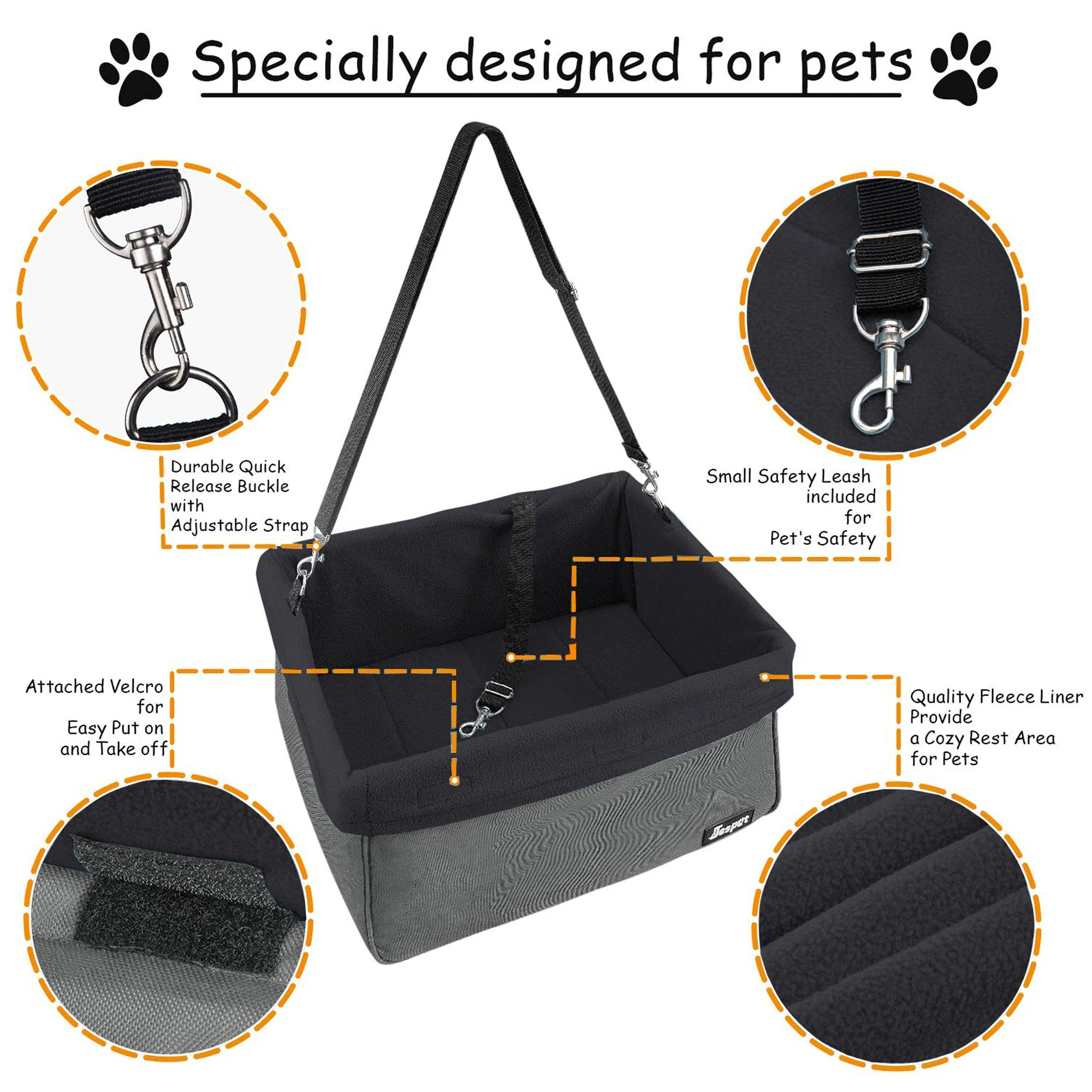 Jespet Car Travel Dog Booster Seat & Seat belt, Grey/Black - Image 3
