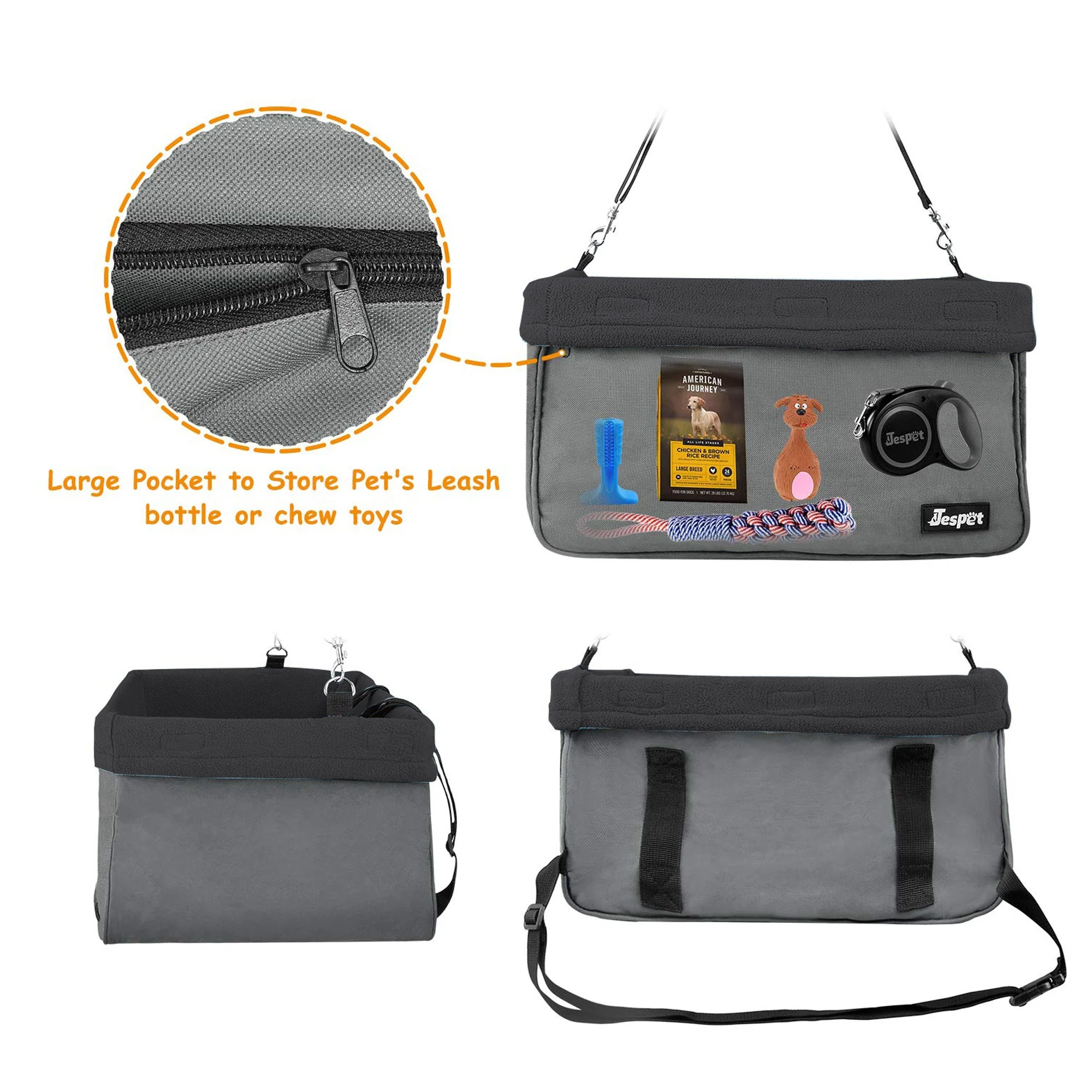 Jespet Car Travel Dog Booster Seat & Seat belt, Grey/Black - Image 4
