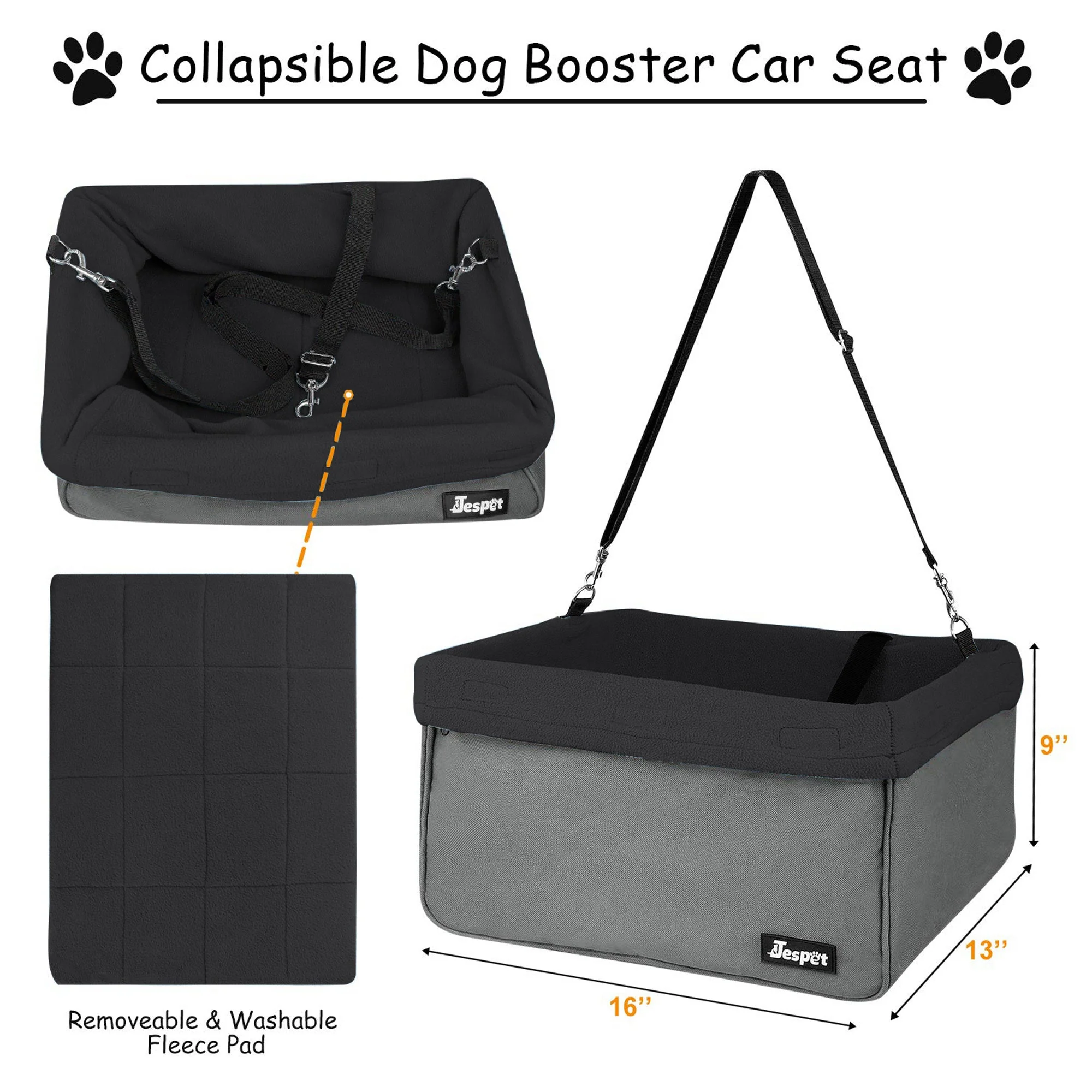 Jespet Car Travel Dog Booster Seat & Seat belt, Grey/Black - Image 5