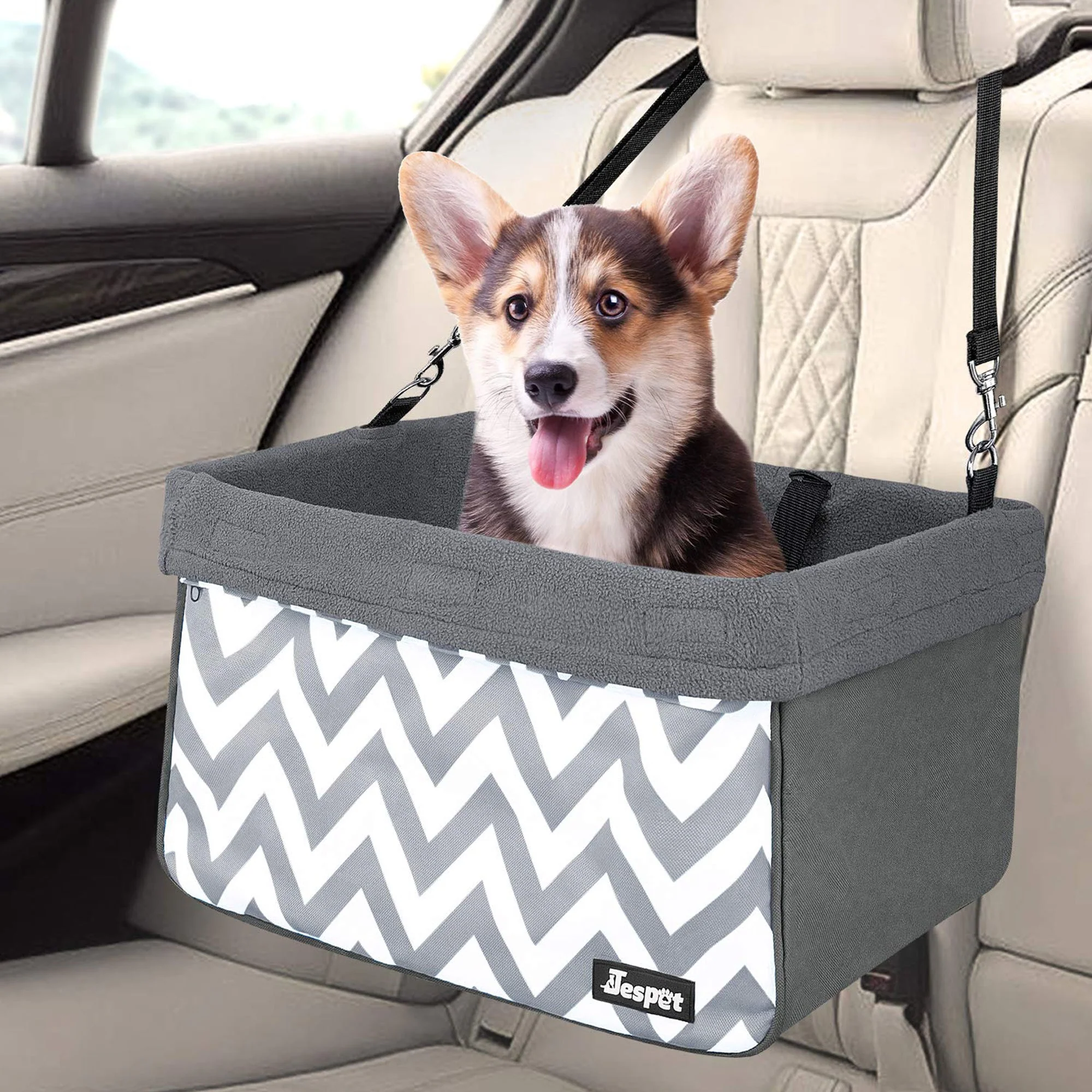 Jespet Car Travel Dog Booster Seat & Seat belt, Grey/Black - Image 8