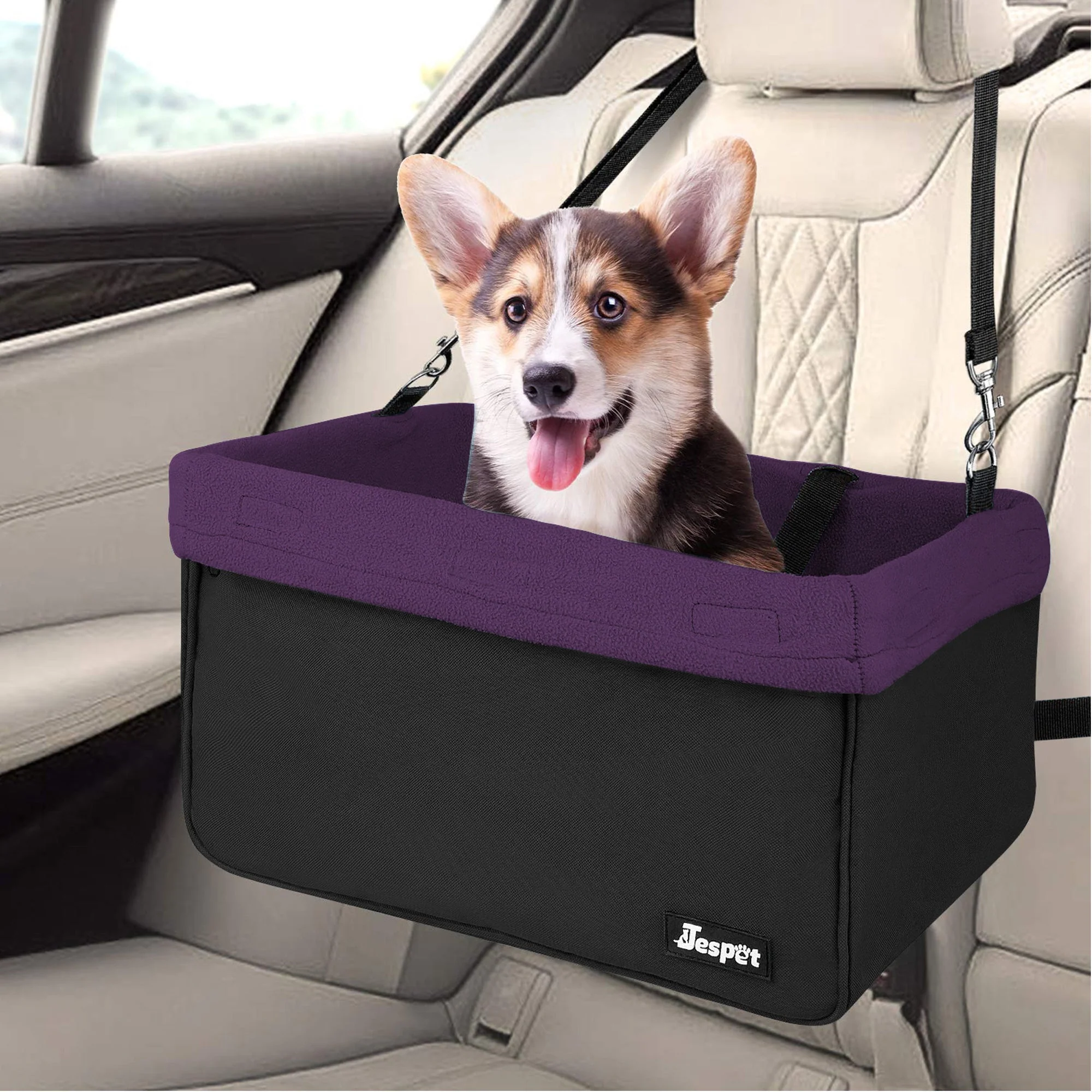 Jespet Car Travel Dog Booster Seat & Seat belt, Grey/Black - Image 9