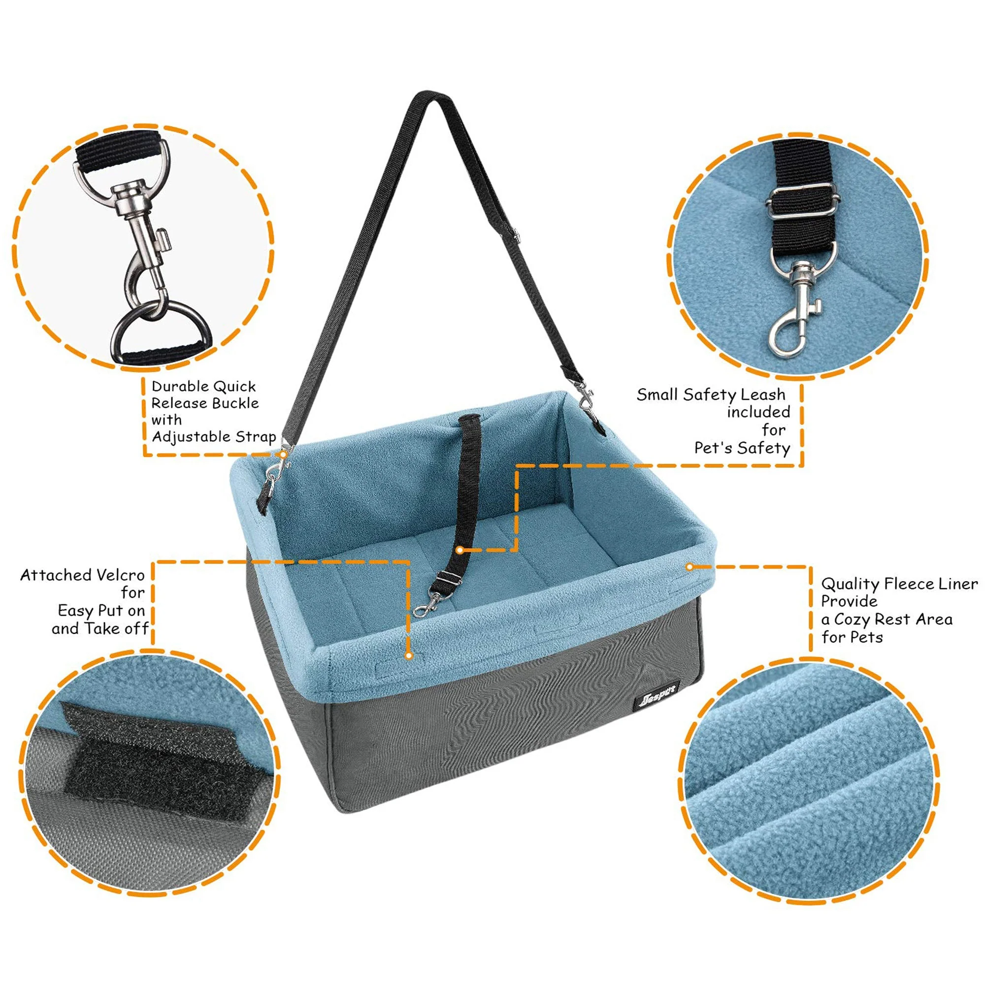 Jespet Car Travel Dog Booster Seat & Seat Belt, Gray/ Blue - Image 3
