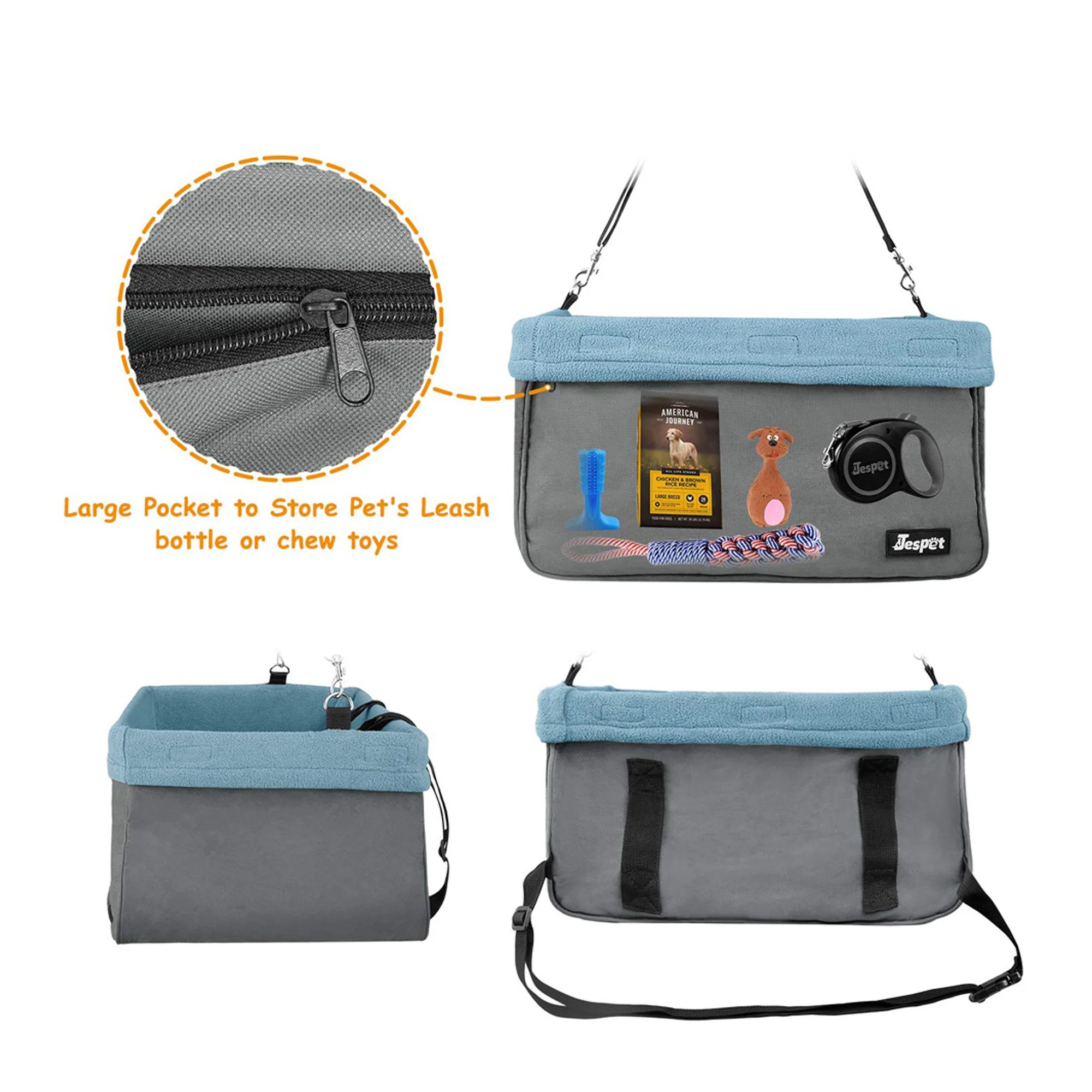 Jespet Car Travel Dog Booster Seat & Seat Belt, Gray/ Blue - Image 4