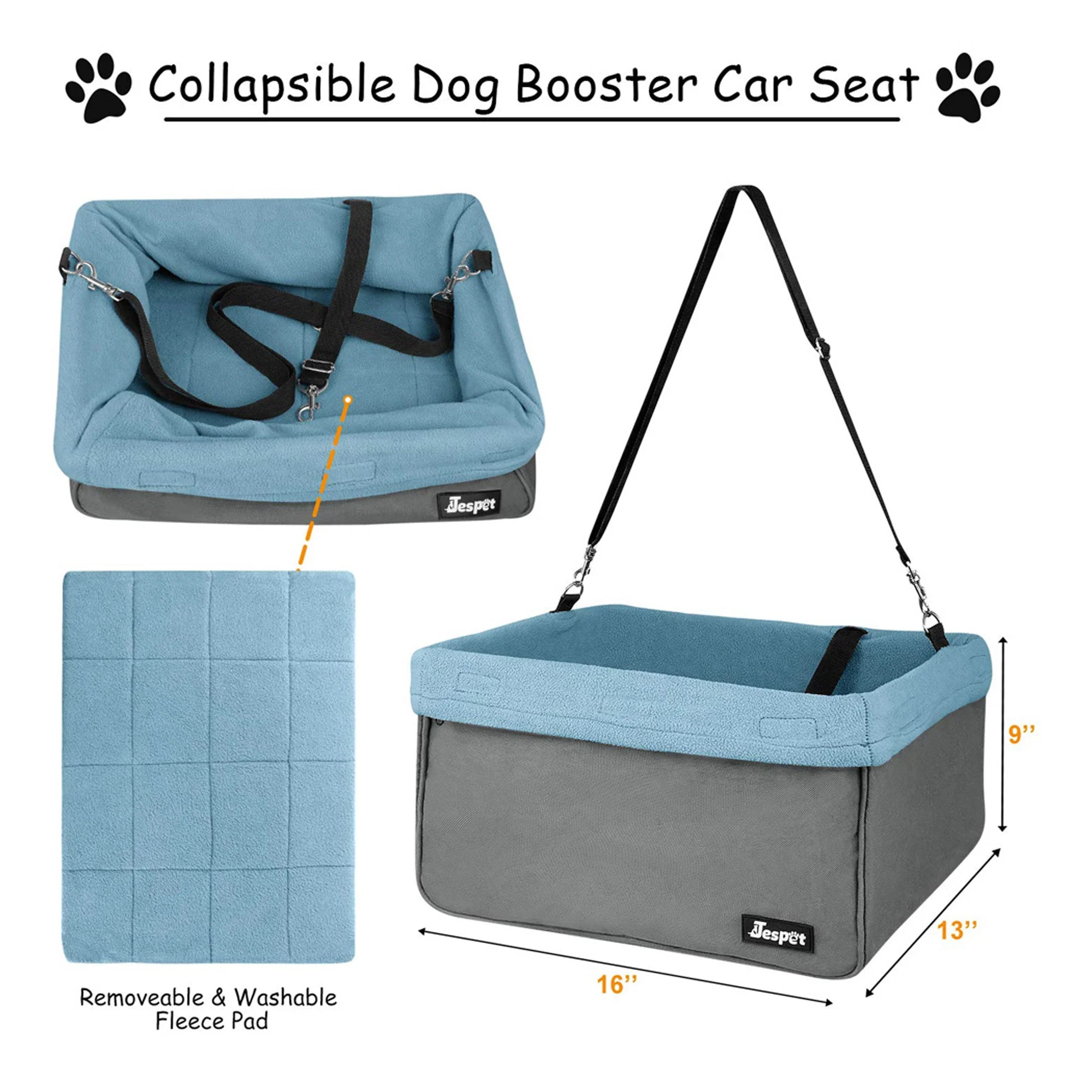 Jespet Car Travel Dog Booster Seat & Seat Belt, Gray/ Blue - Image 5