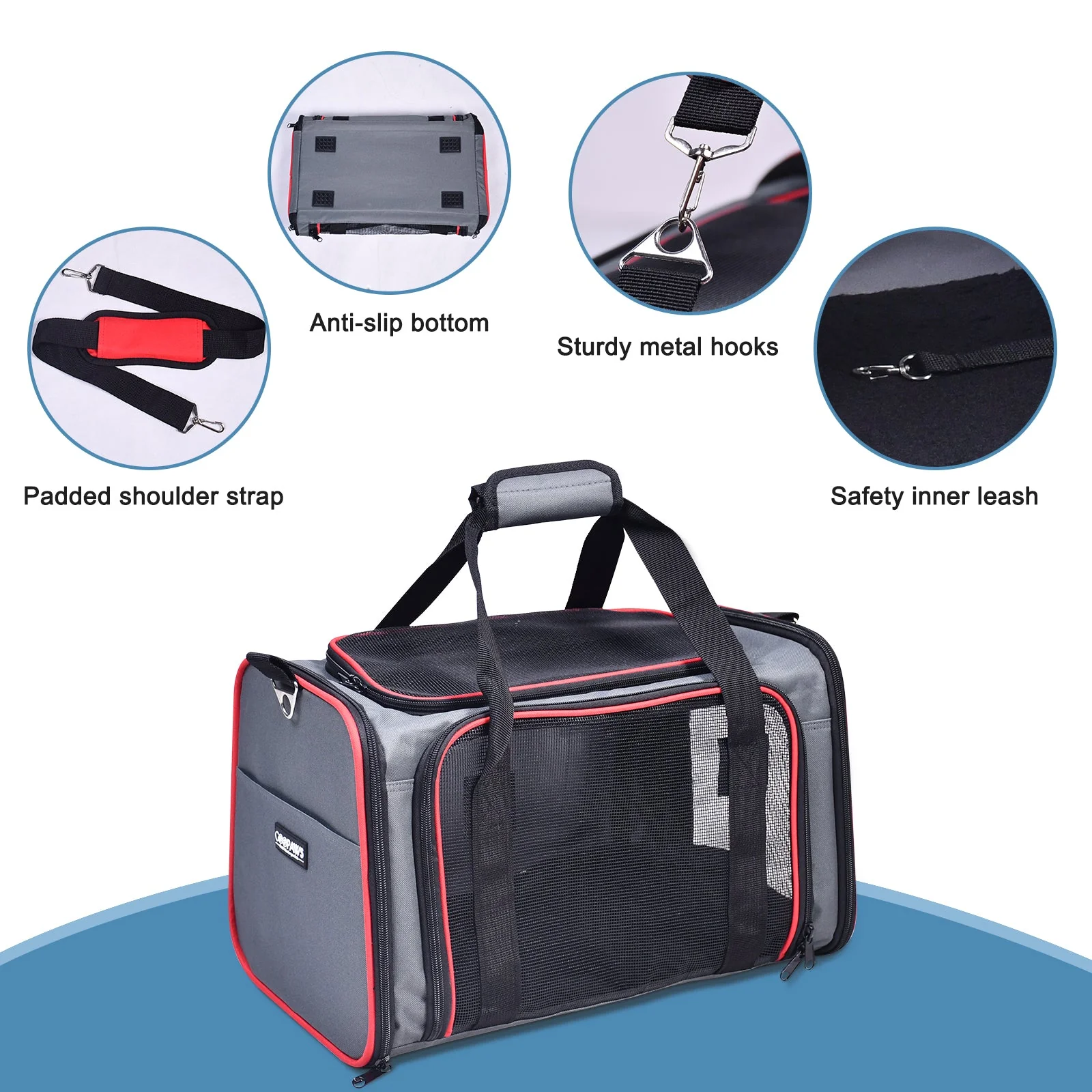 GOOPAWS Soft-Sided Travel Small Dog & Cat Carrier Bag, Gray/Red, 17'' - Image 4