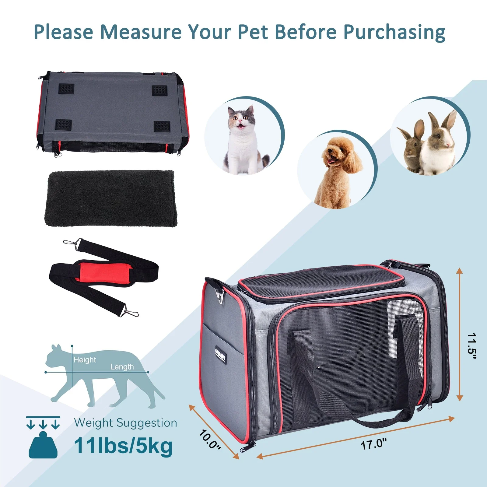 GOOPAWS Soft-Sided Travel Small Dog & Cat Carrier Bag, Gray/Red, 17'' - Image 5