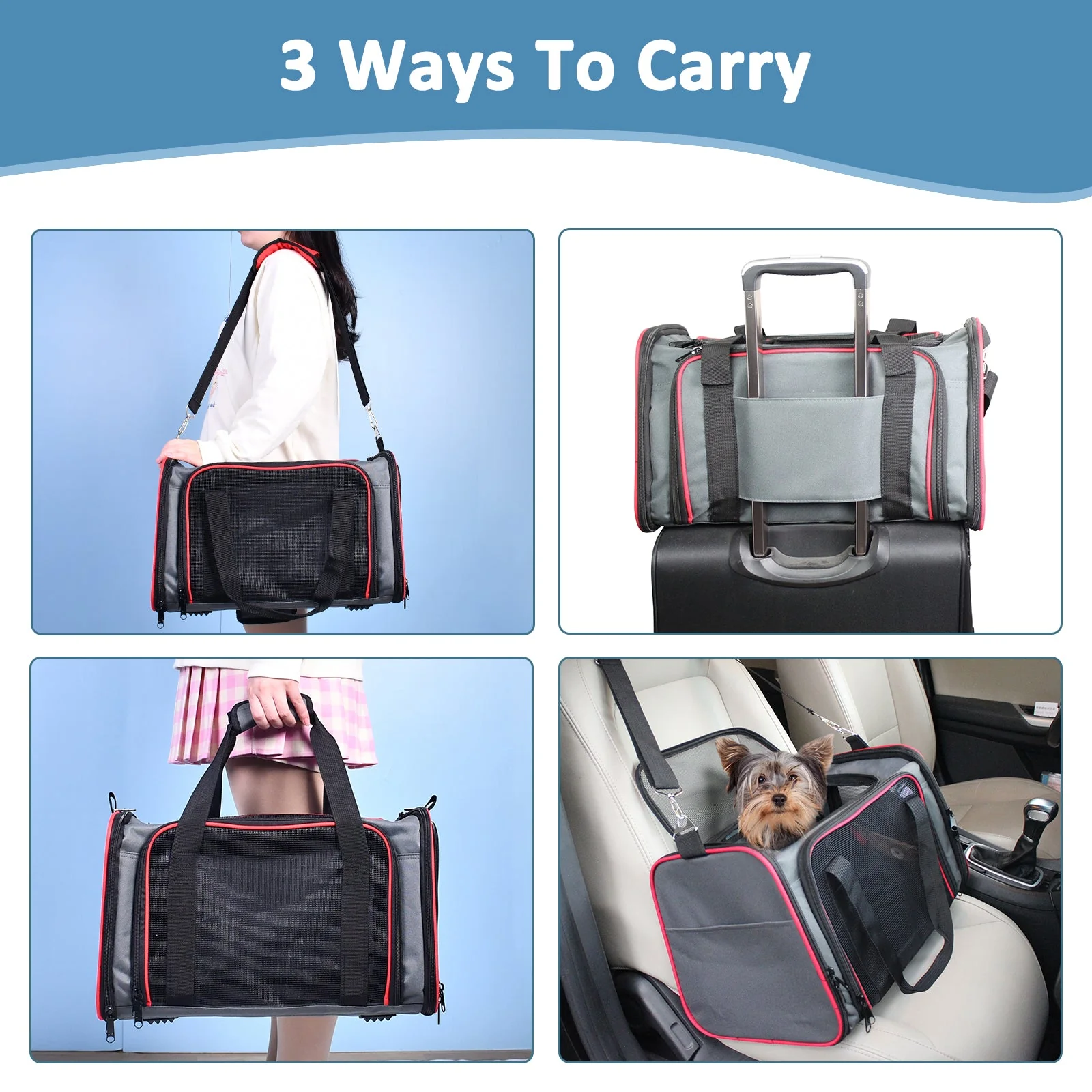 GOOPAWS Soft-Sided Travel Small Dog & Cat Carrier Bag, Gray/Red, 17'' - Image 7
