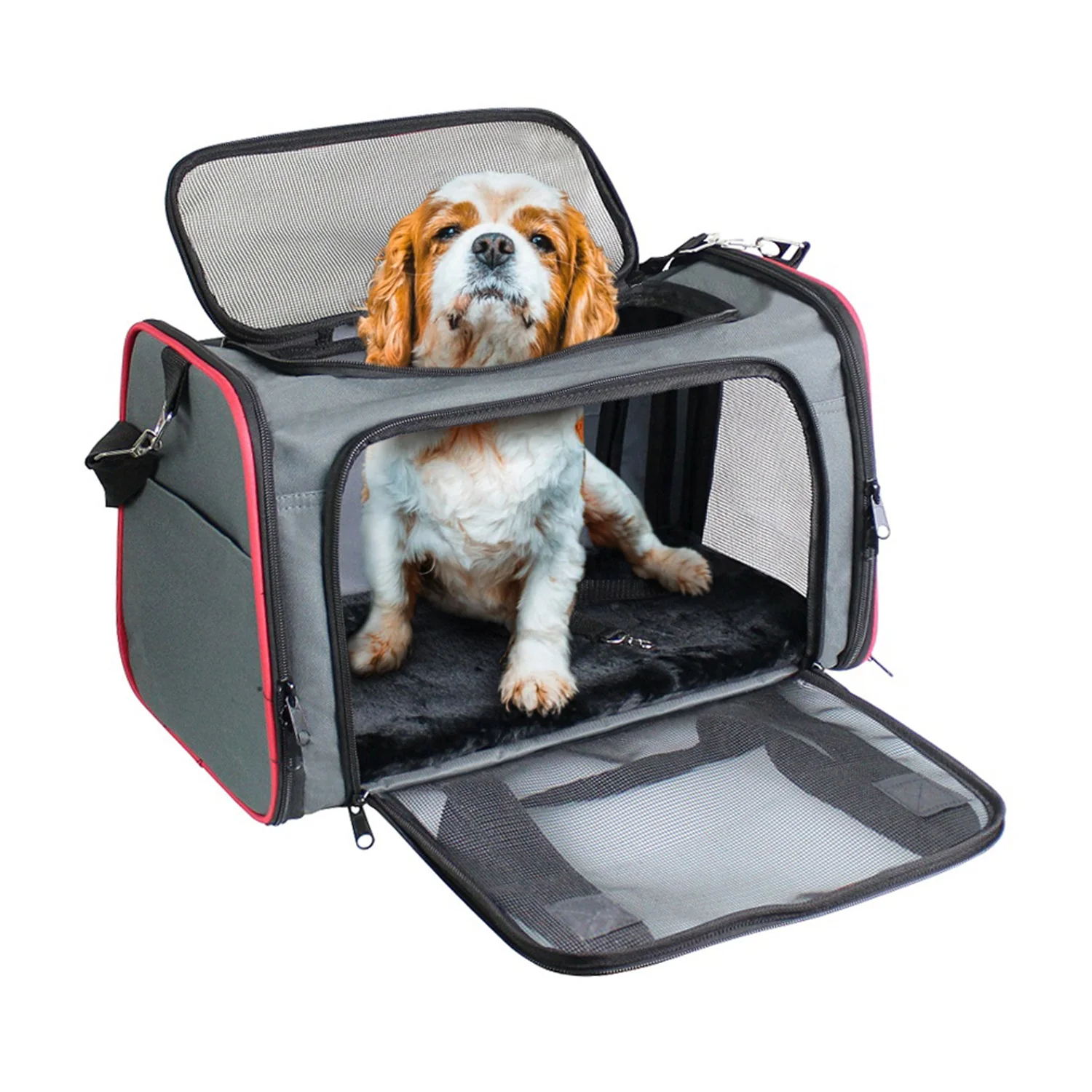 GOOPAWS Soft-Sided Travel Small Dog & Cat Carrier Bag, Gray/Red, 17'' - Image 8