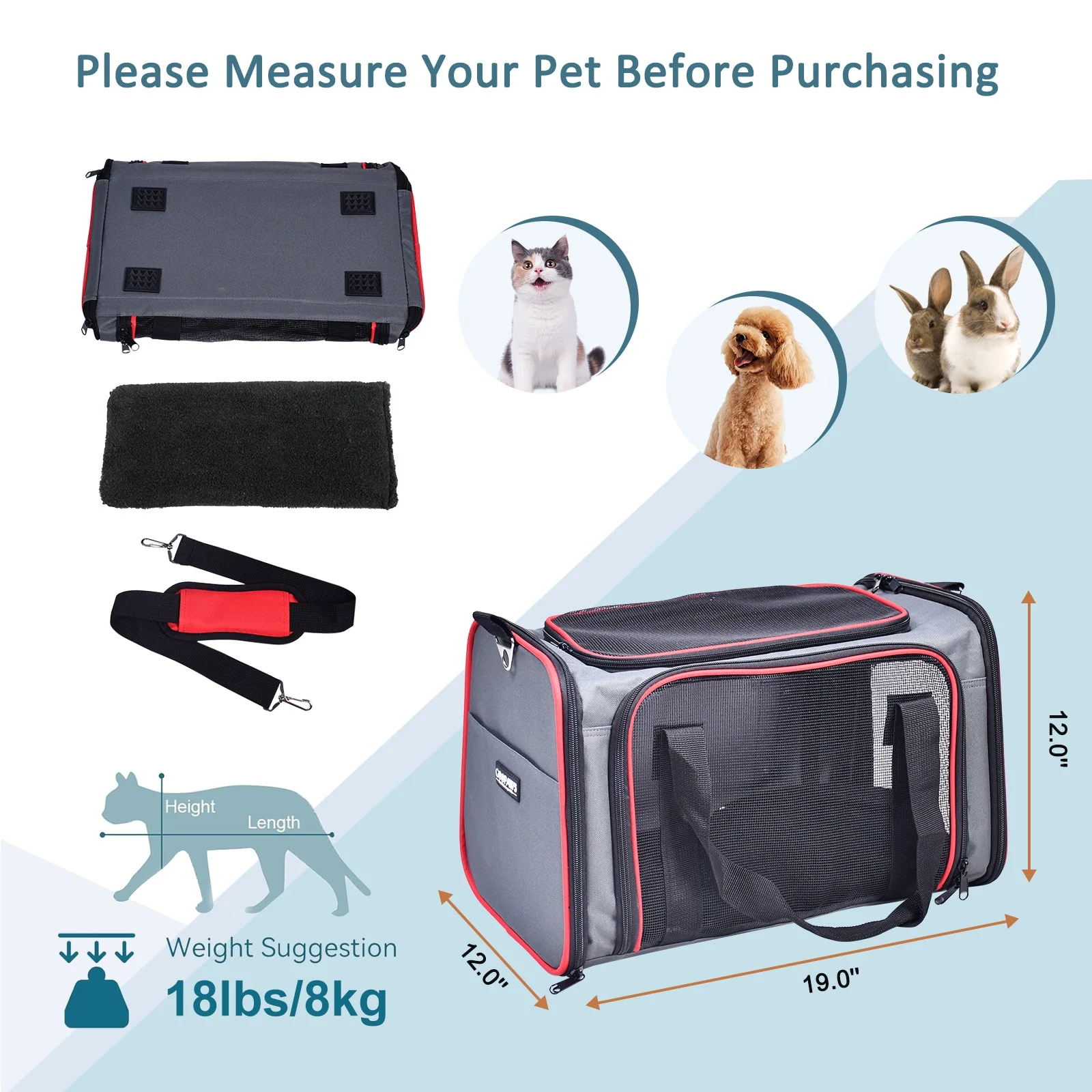 GOOPAWS Soft-Sided Travel Small Dog & Cat Carrier Bag, Gray/Red, 19'' - Image 4