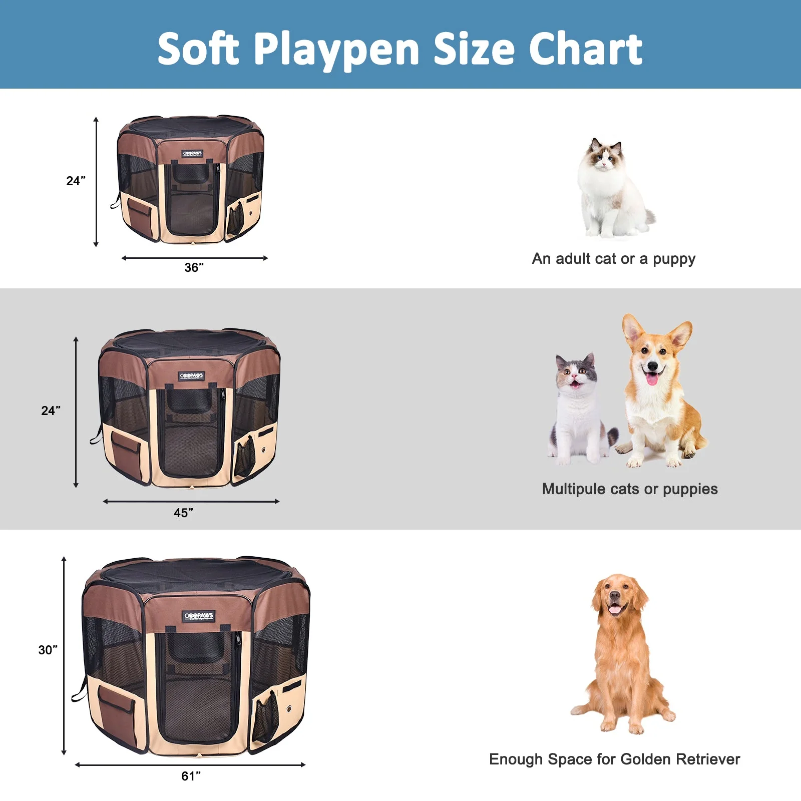 Jespet 2-Door Portable Soft-Sided Dog, Small Pet Exercise Playpen, Brown, 36'' - Image 5