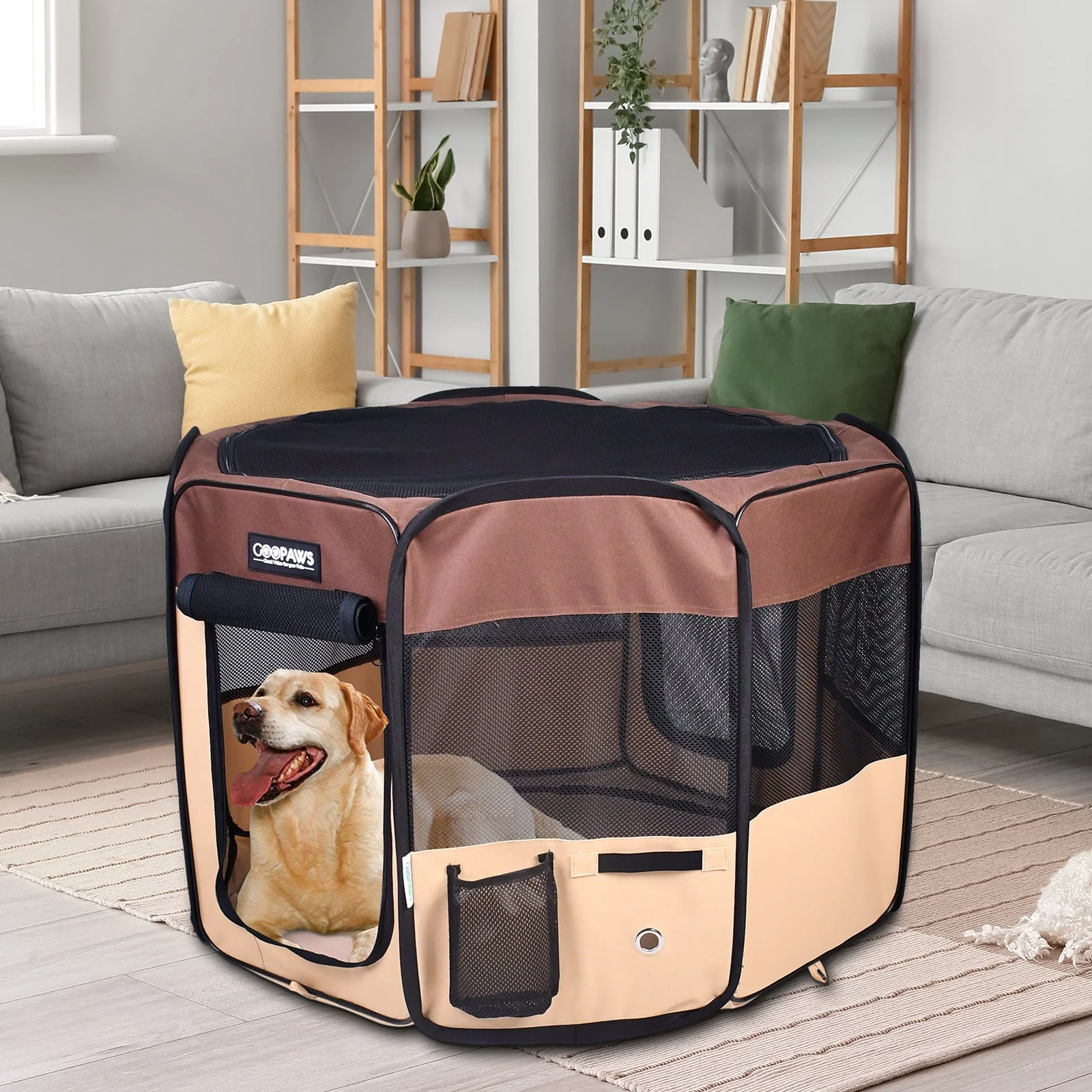 Jespet Soft-Sided Medium Dog Playpen, Brown 45'' - Image 6