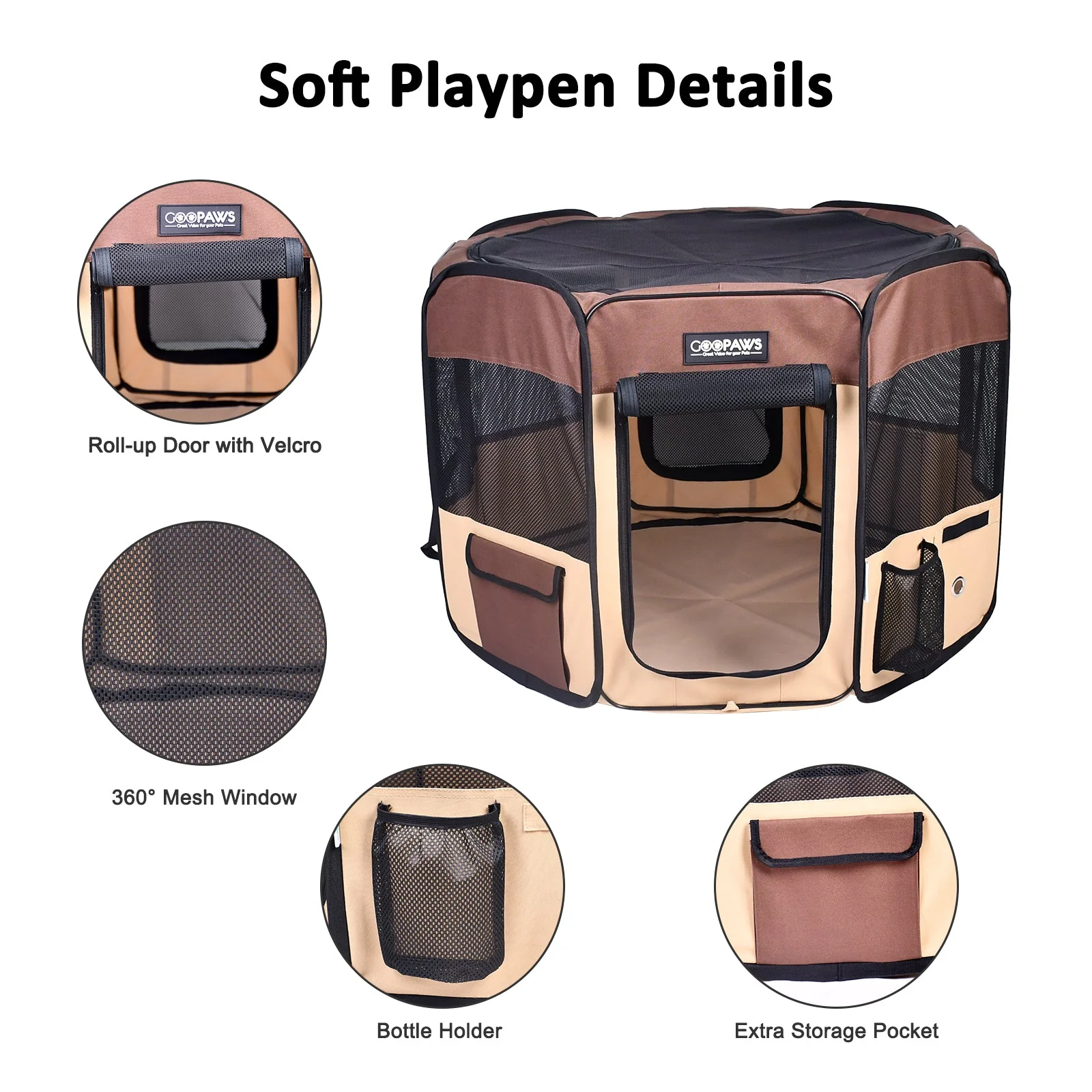 Jespet Soft-Sided Large Dog Playpen, Brown 61-in - Image 2