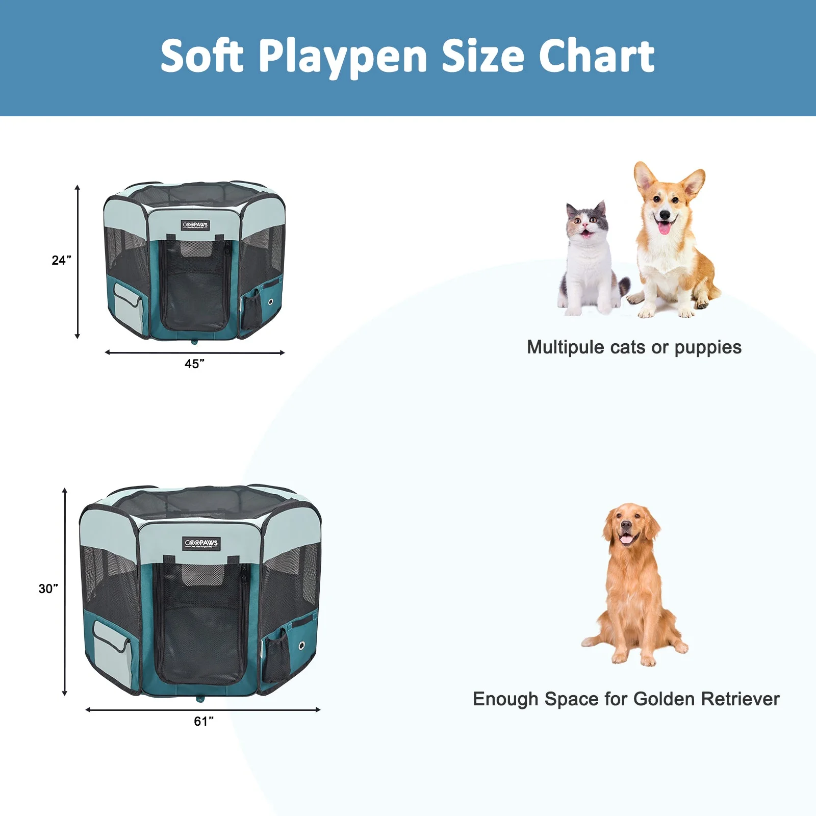 Jespet 2-Door Portable Soft-Sided Dog, Cat & Small Pet Exercise Playpen, Teal Blue, 45'' - Image 2