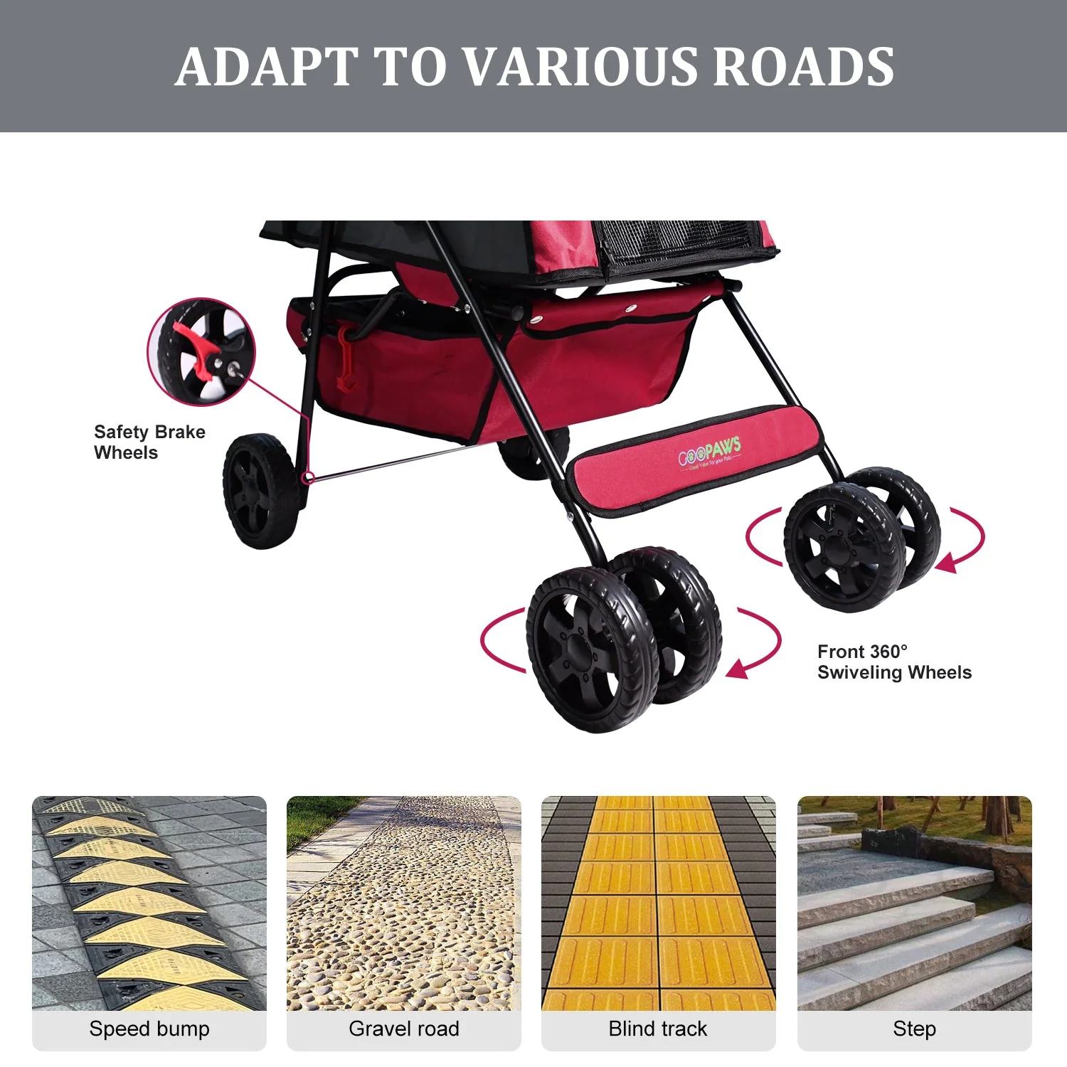 Jespet 4-Wheel Promenade Pet Stroller for Small Dogs Cats, Maroon, 36'' - Image 4