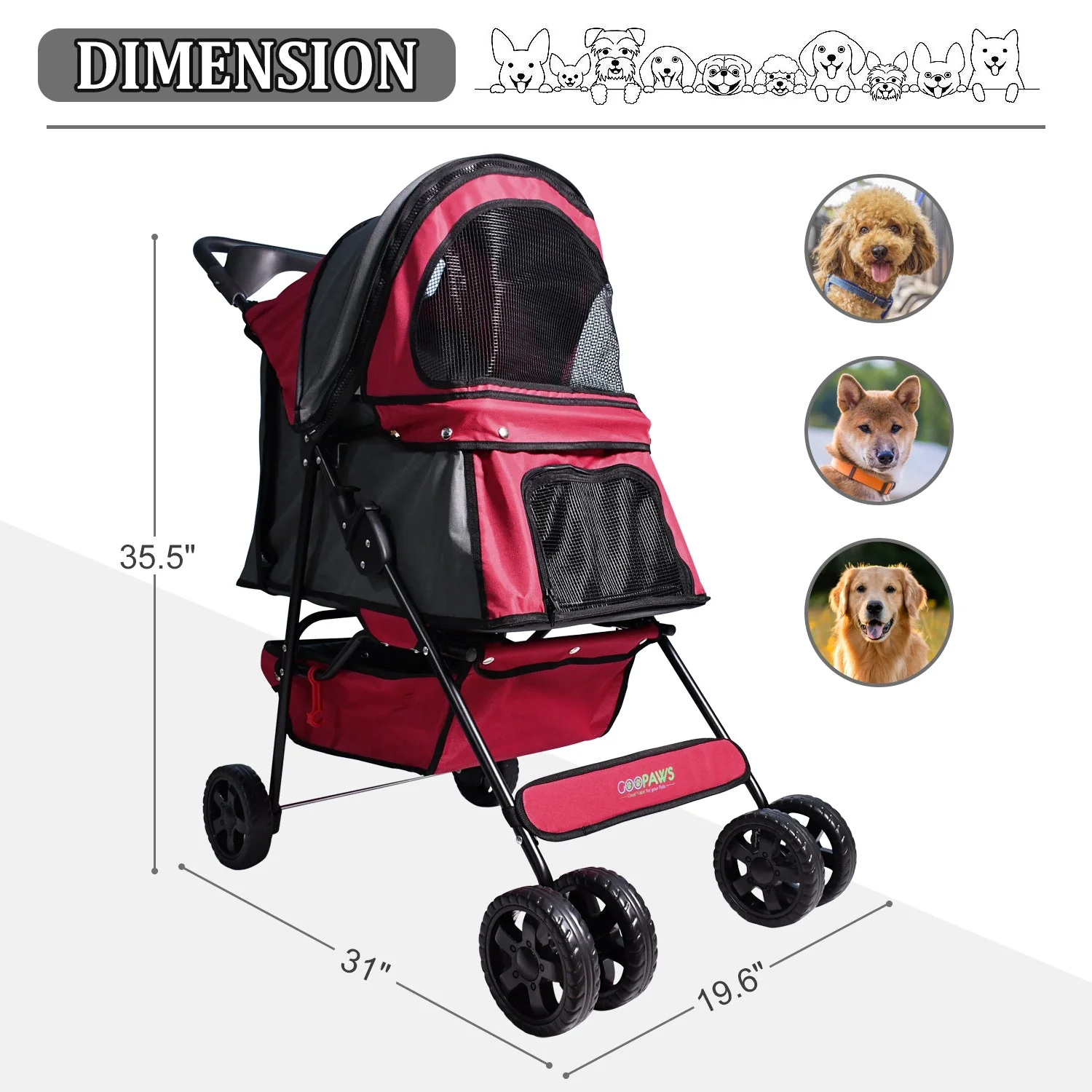 Jespet 4-Wheel Promenade Pet Stroller for Small Dogs Cats, Maroon, 36'' - Image 5