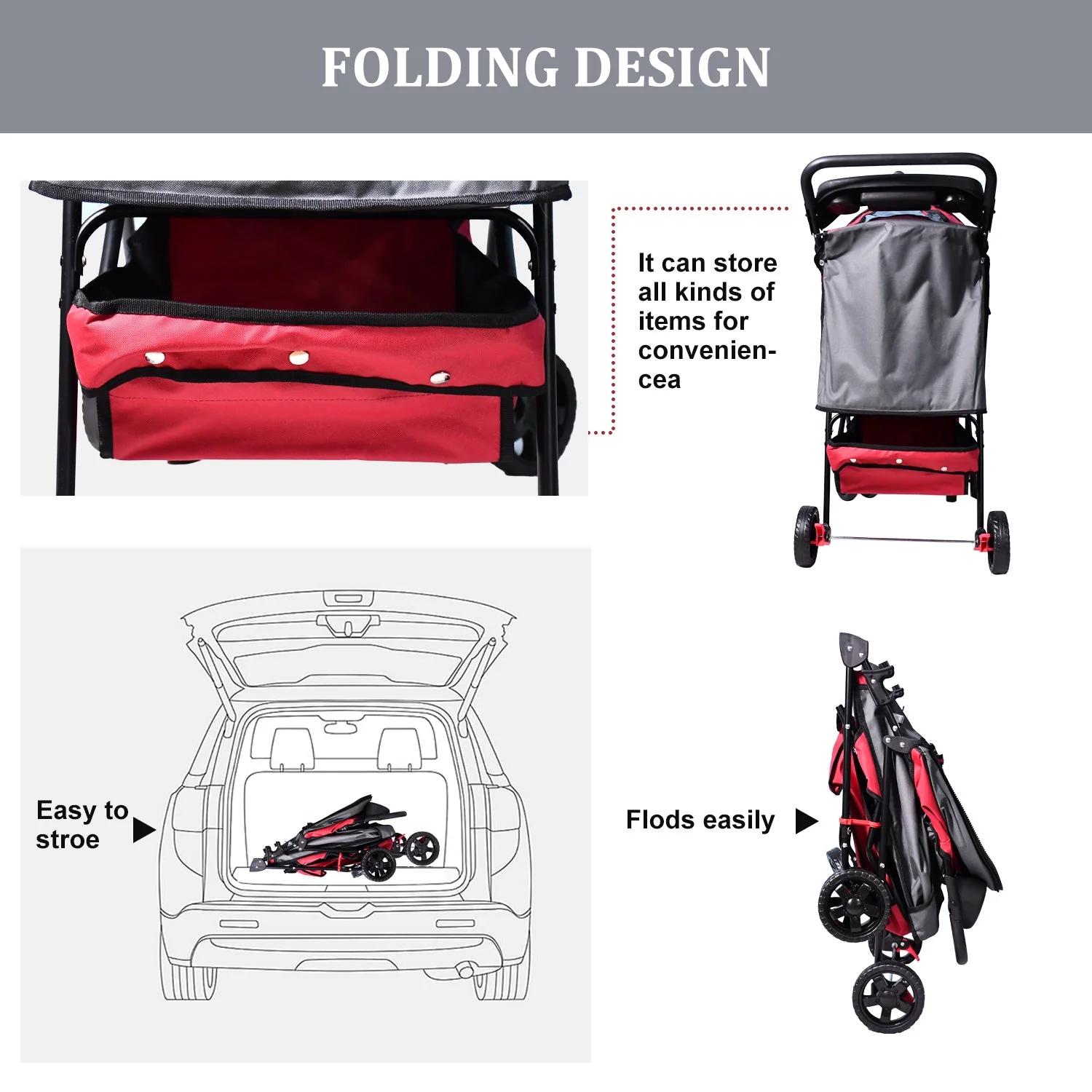 Jespet 4-Wheel Promenade Pet Stroller for Small Dogs Cats, Maroon, 36'' - Image 6