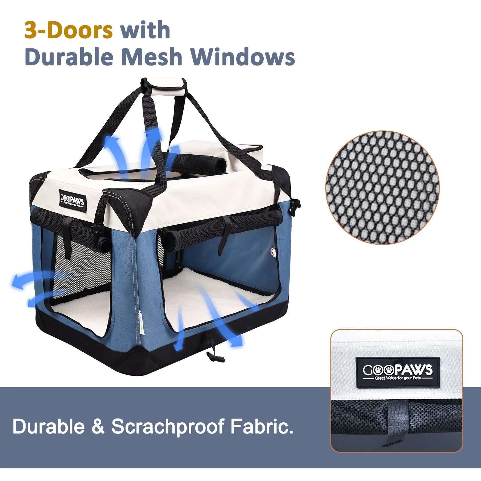 Jespet & GOOPAWS 3-Door Collapsible Soft-Sided Crate, Lake Blue, Medium 30'' - Image 2