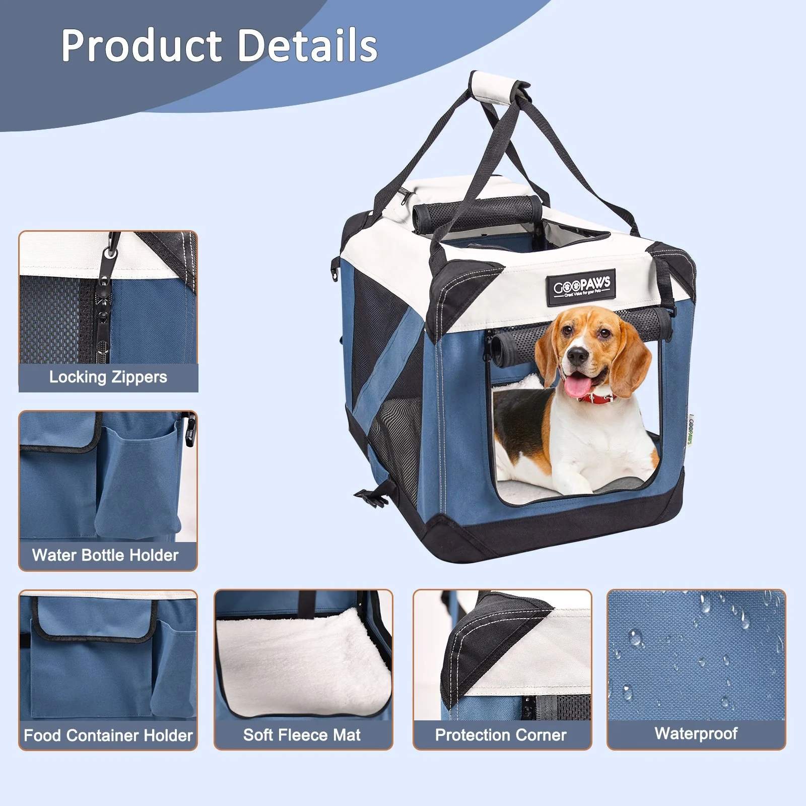 Jespet & GOOPAWS 3-Door Collapsible Soft-Sided Crate, Lake Blue, Medium 30'' - Image 4