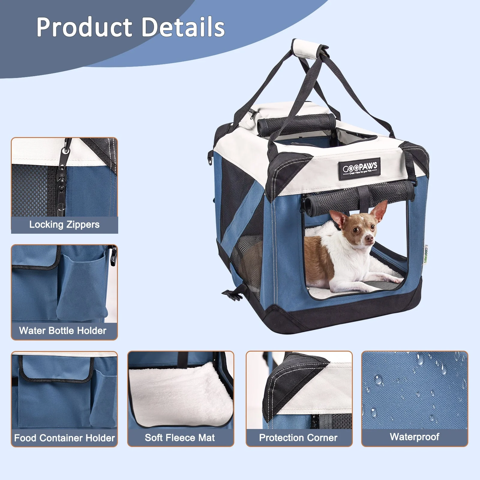 Jespet & GOOPAWS 3-Door Collapsible Soft-Sided Crate, Lake Blue, Medium 30'' - Image 5