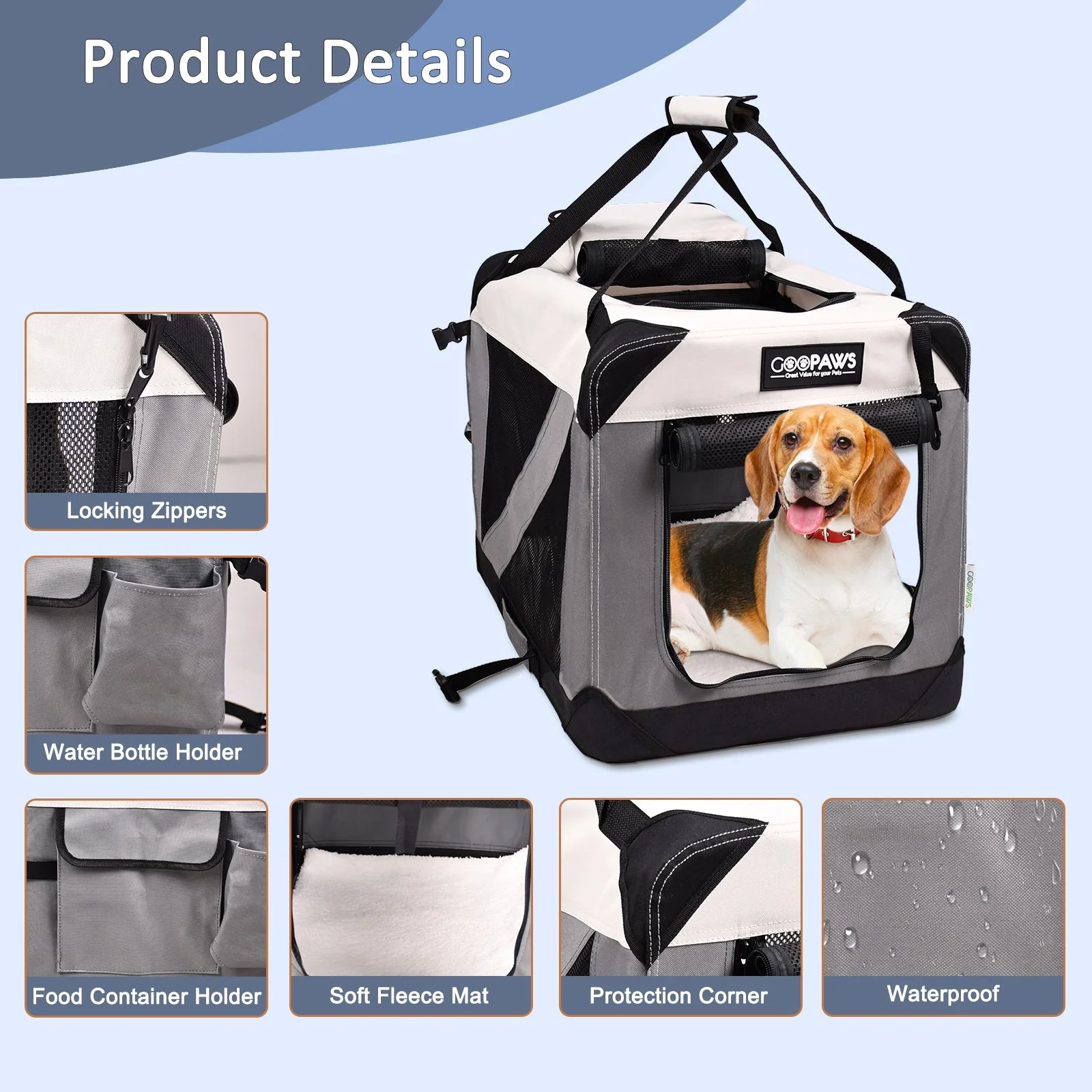 Jespet & GOOPAWS 3-Door Collapsible Soft-Sided Dog Crate, Light Grey, Medium 30'' - Image 4