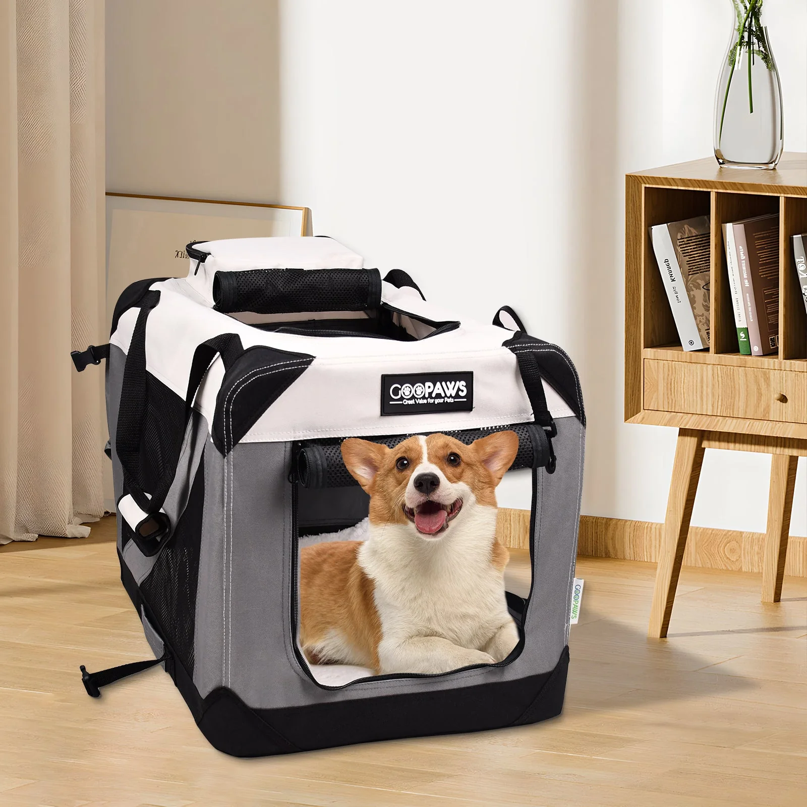 Jespet & GOOPAWS 3-Door Collapsible Soft-Sided Dog Crate, Light Grey, Medium 30'' - Image 6