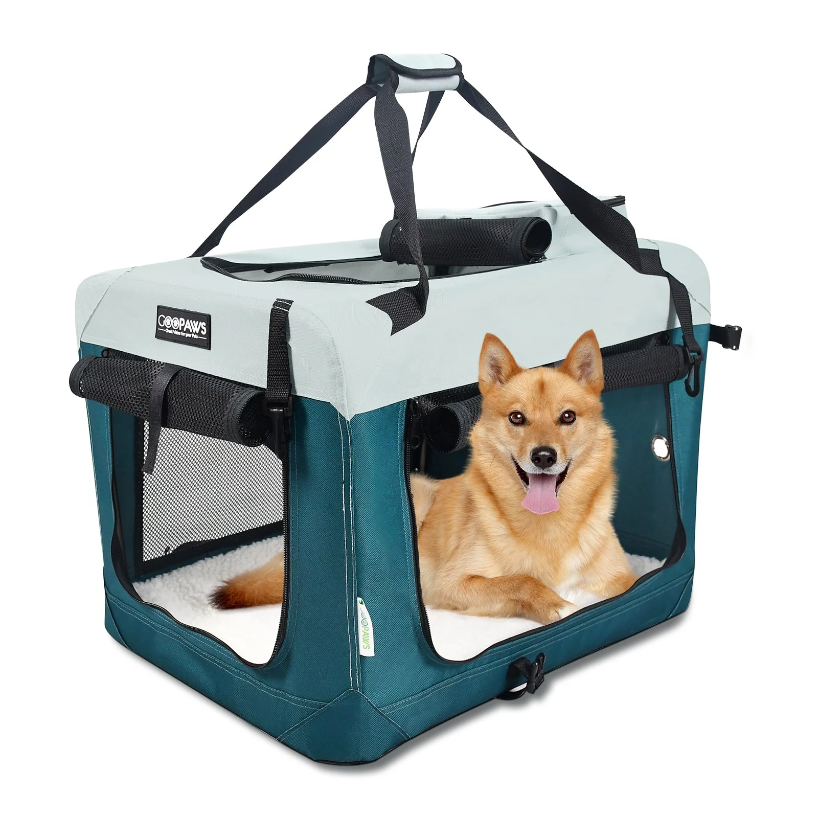 JESPET Soft Dog Crates Kennel 3 Door Soft Sided Folding Travel Carrier & Fleece Mat for Small Dogs Shale Green, 24'' - Image 12