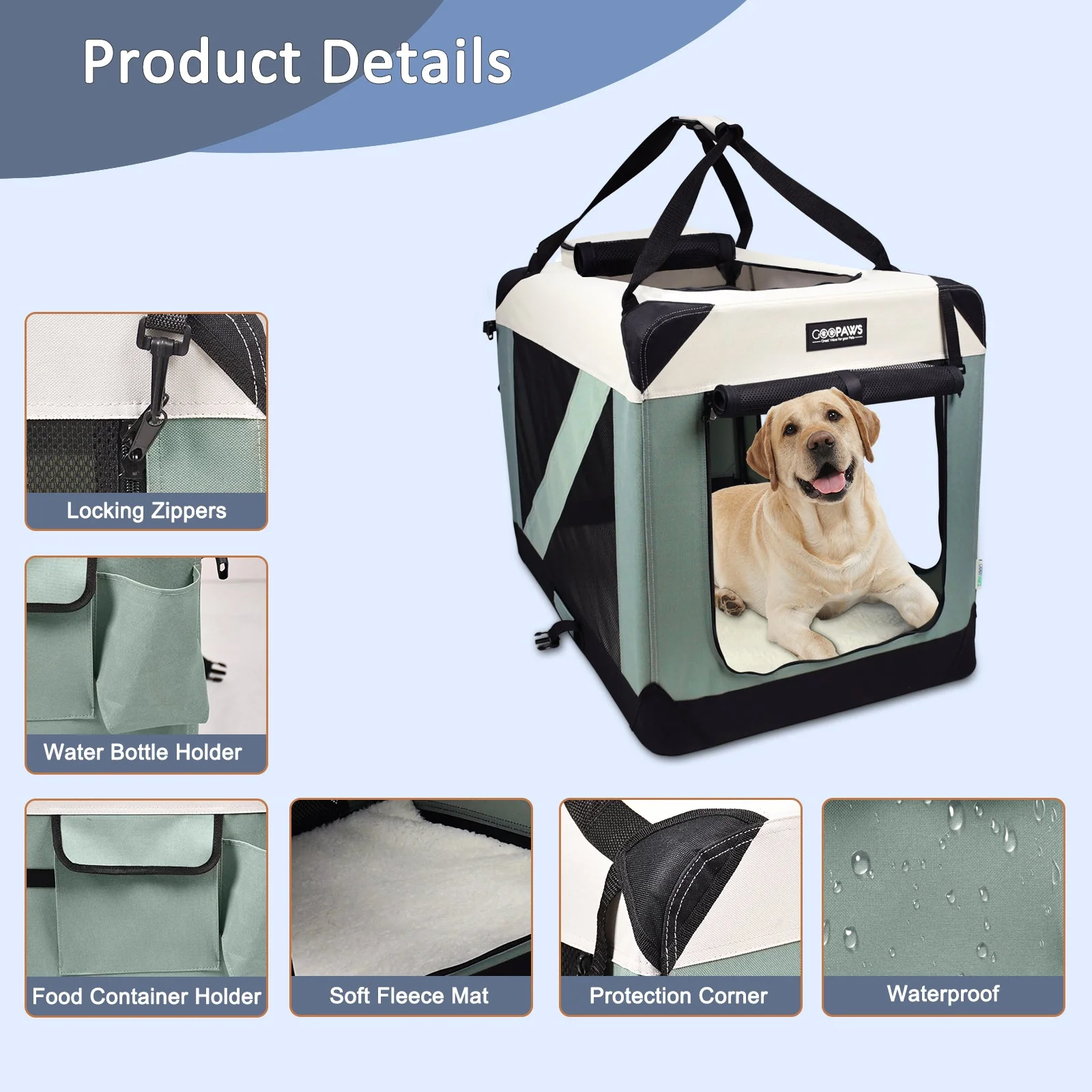 JESPET Soft Dog Crates Kennel 3 Door Soft Sided Folding Travel Carrier & Fleece Mat for Small Dogs Shale Green, 24'' - Image 3