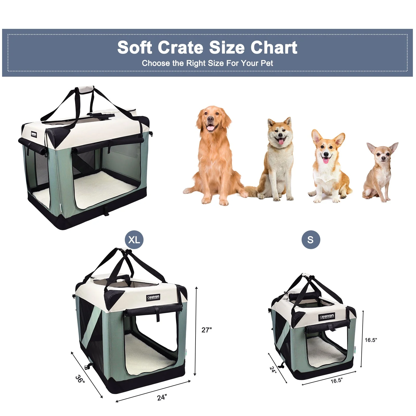 JESPET Soft Dog Crates Kennel 3 Door Soft Sided Folding Travel Carrier & Fleece Mat for Small Dogs Shale Green, 24'' - Image 4