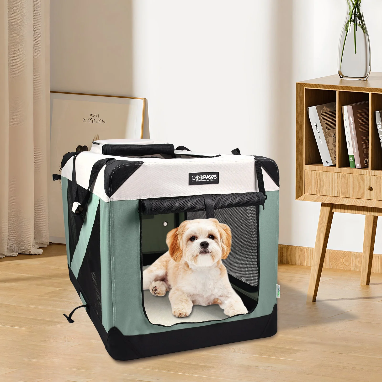 JESPET Soft Dog Crates Kennel 3 Door Soft Sided Folding Travel Carrier & Fleece Mat for Small Dogs Shale Green, 24'' - Image 6
