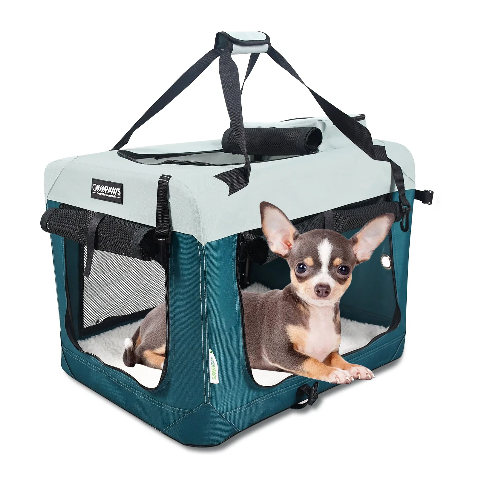 JESPET Soft Dog Crates Kennel 3 Door Soft Sided Folding Travel Carrier & Fleece Mat for Small Dogs Shale Green, 24'' - Image 9