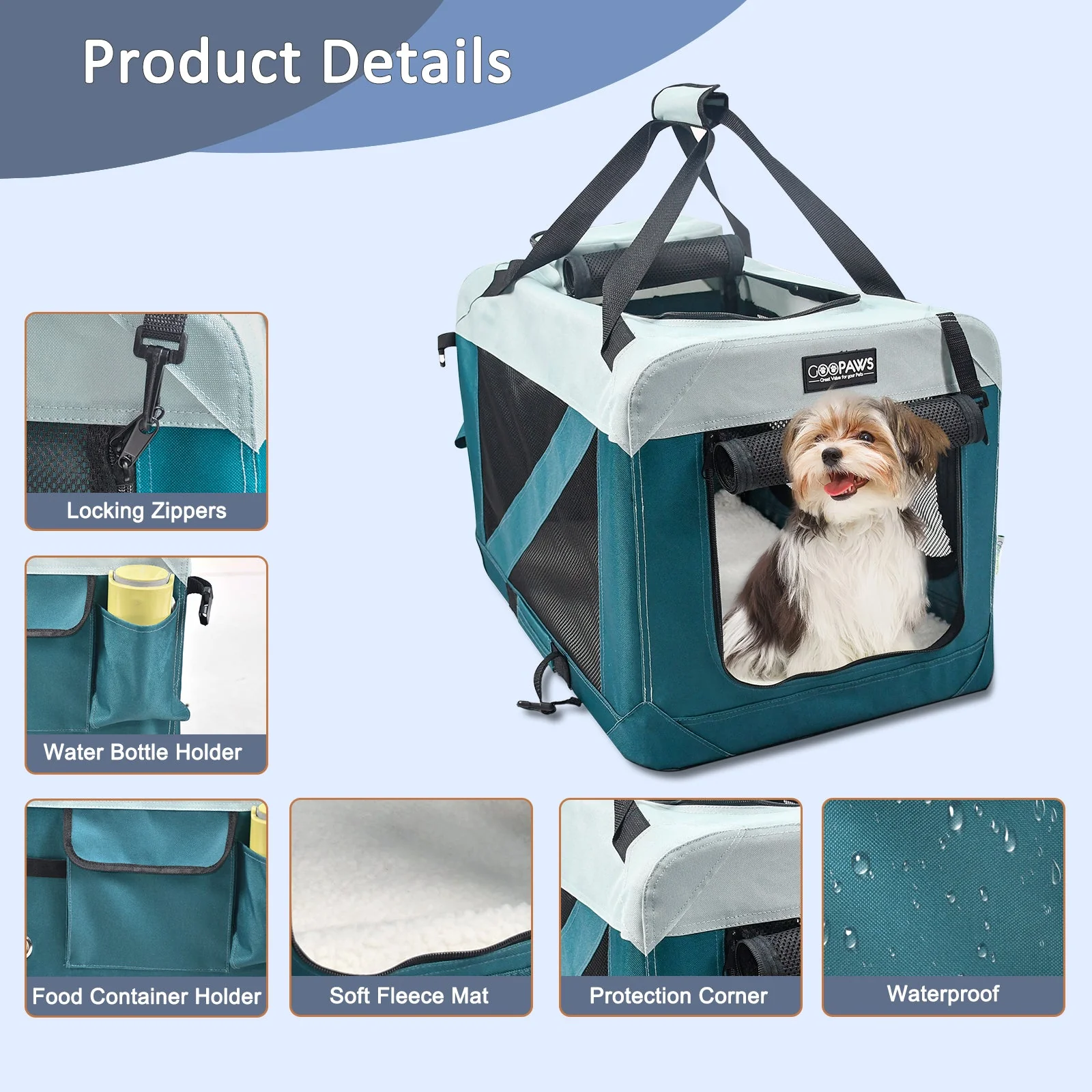 Jespet & GOOPAWS Indoor & Outdoor 3-Door Collapsible Soft-Sided Dog, Cat & Small Pet Crate, Teal Blue, 24'' - Image 4