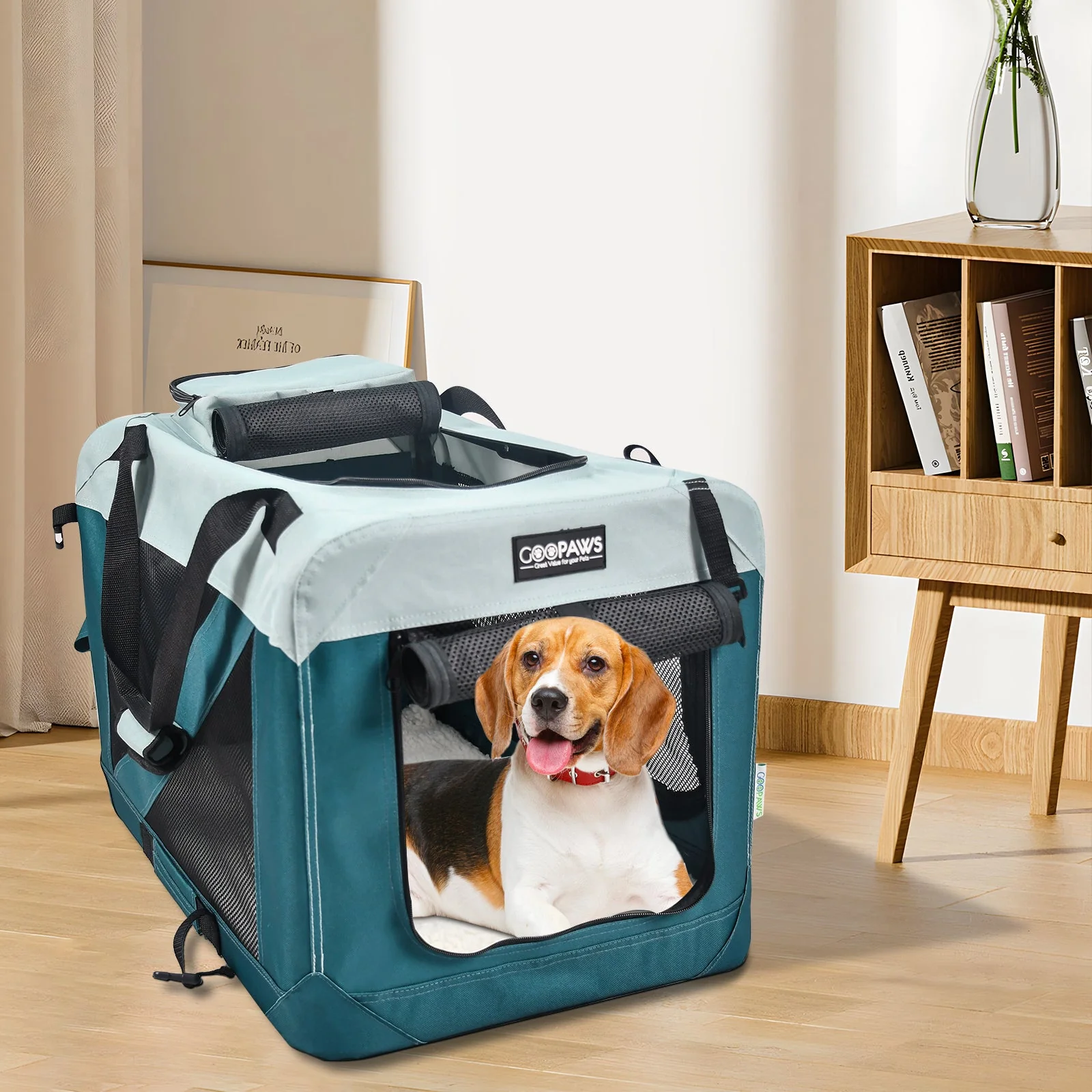Jespet & GOOPAWS Indoor & Outdoor 3-Door Collapsible Soft-Sided Dog, Cat & Small Pet Crate, Teal Blue, 24'' - Image 6