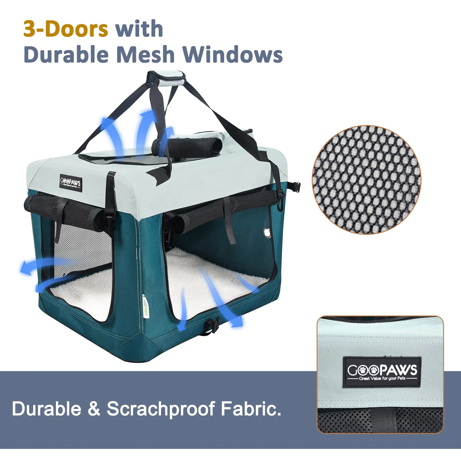 Jespet & GOOPAWS Indoor & Outdoor 3-Door Collapsible Soft-Sided Dog Crate, Teal Blue, 30'' - Image 2