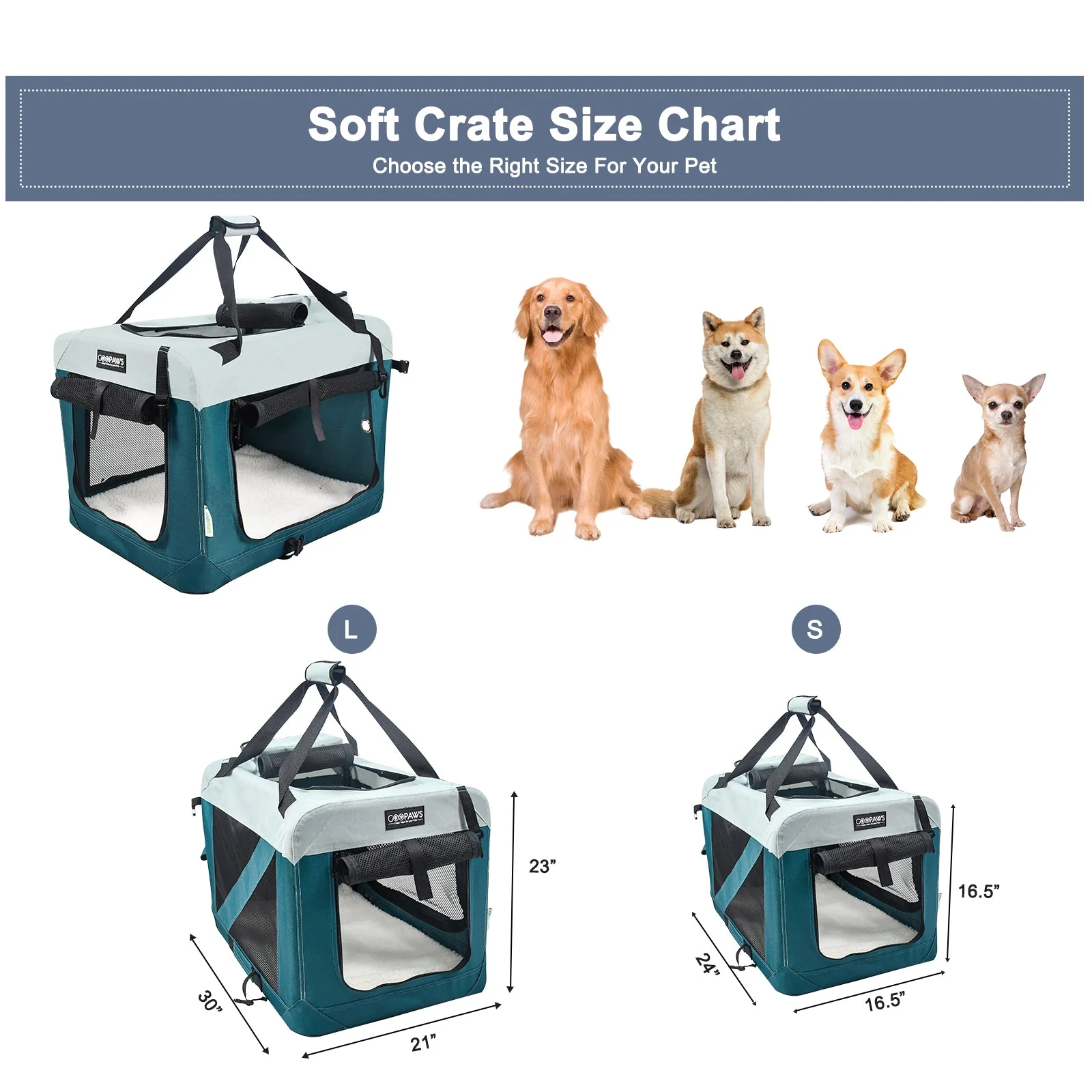 Jespet & GOOPAWS Indoor & Outdoor 3-Door Collapsible Soft-Sided Dog Crate, Teal Blue, 30'' - Image 3