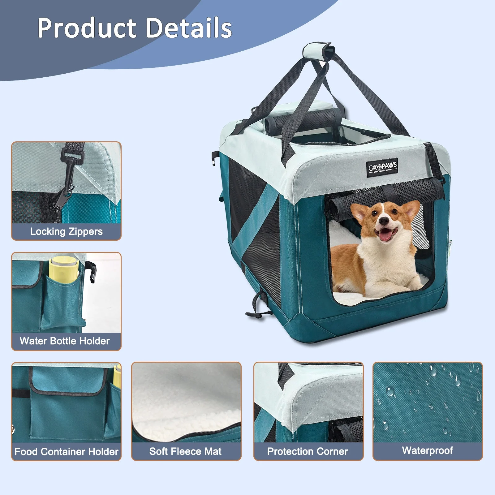 Jespet & GOOPAWS Indoor & Outdoor 3-Door Collapsible Soft-Sided Dog Crate, Teal Blue, 30'' - Image 4