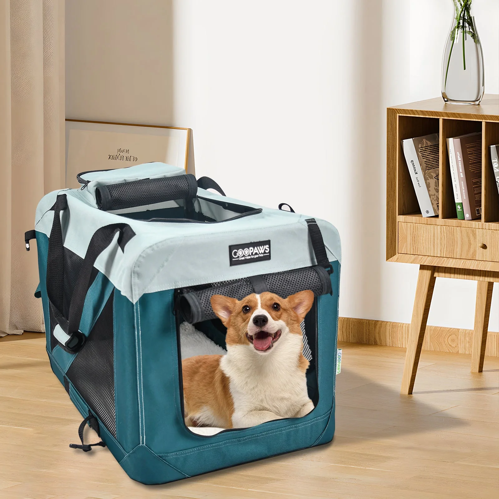 Jespet & GOOPAWS Indoor & Outdoor 3-Door Collapsible Soft-Sided Dog Crate, Teal Blue, 30'' - Image 6