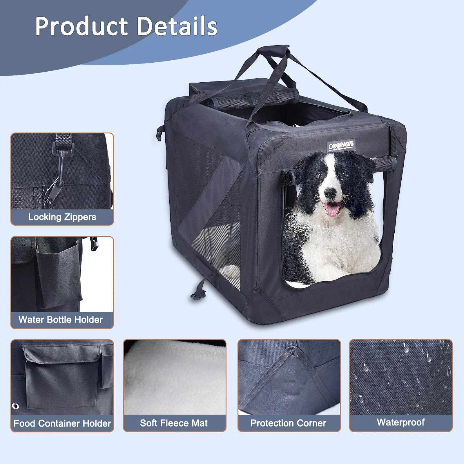 Jespet Indoor & Outdoor 3-Door Collapsible Soft-Sided Dog, Cat & Small Pet Crate Black, 36'' - Image 3
