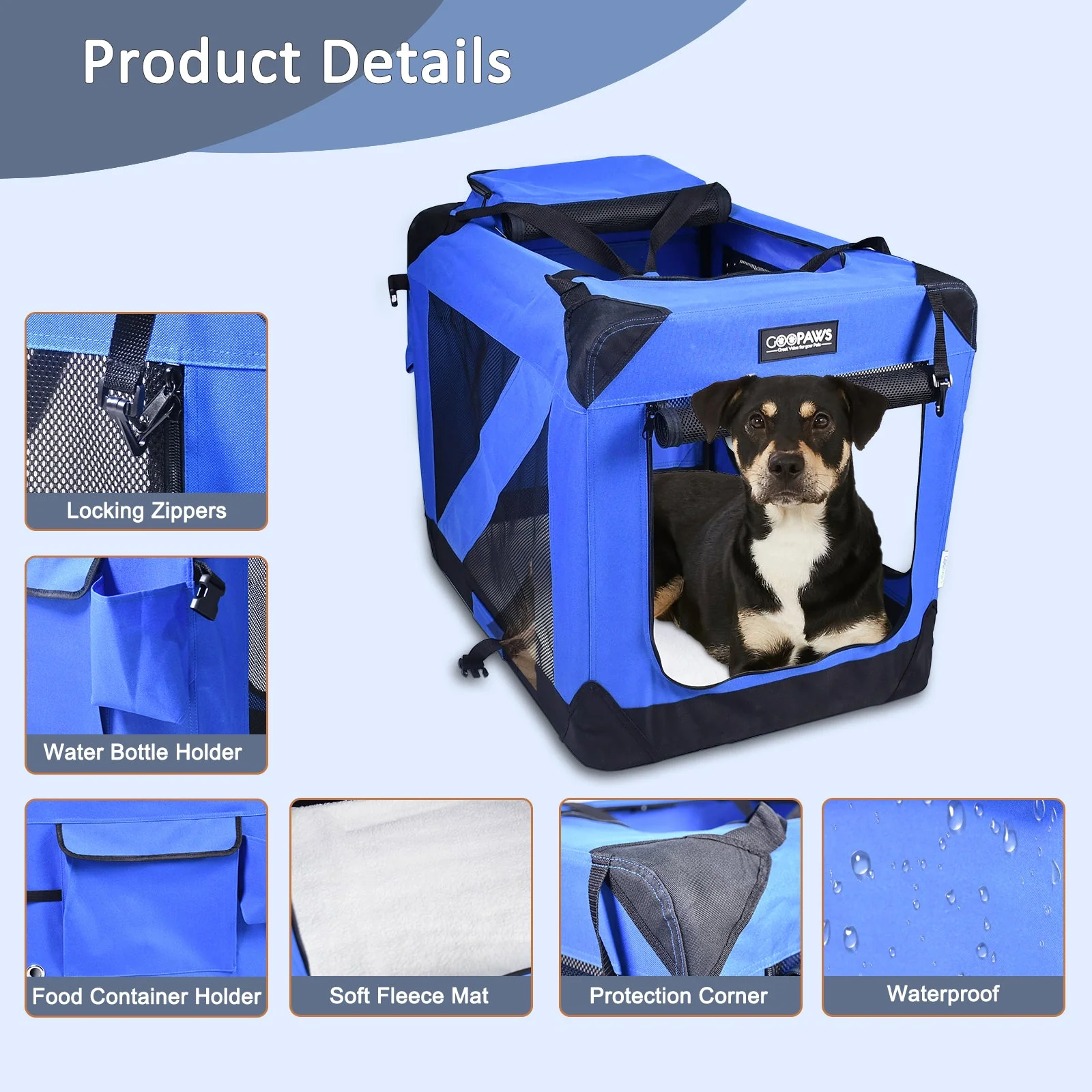 Jespet Indoor & Outdoor 3-Door Collapsible Soft-Sided Dog, Cat & Small Pet Crate, Blue, 36'' - Image 3