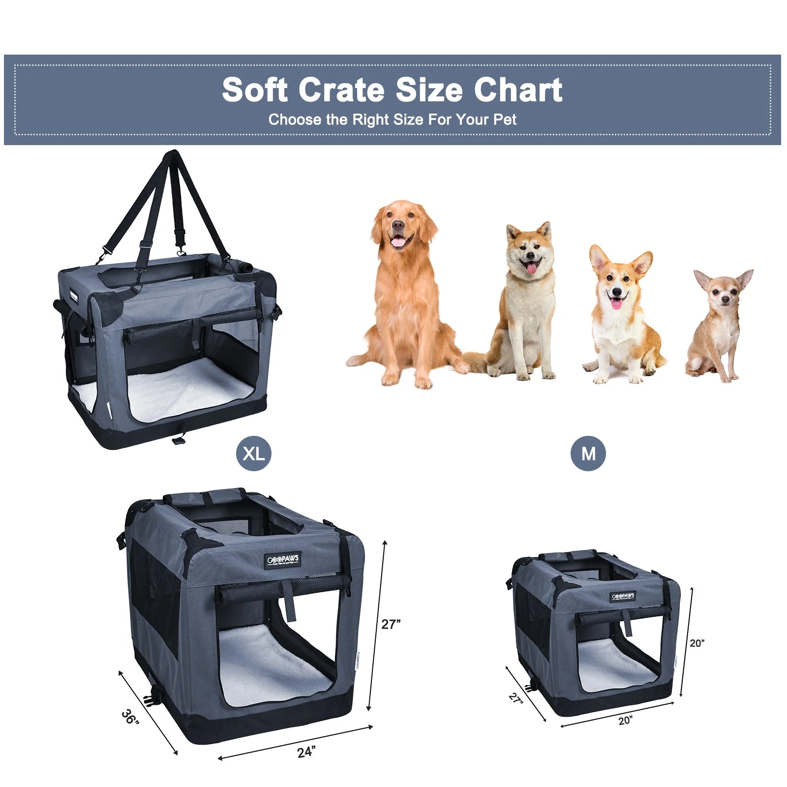 Jespet Indoor & Outdoor 3-Door Collapsible Soft-Sided Dog, Cat & Small Pet Crate, Gray, 27'' - Image 5
