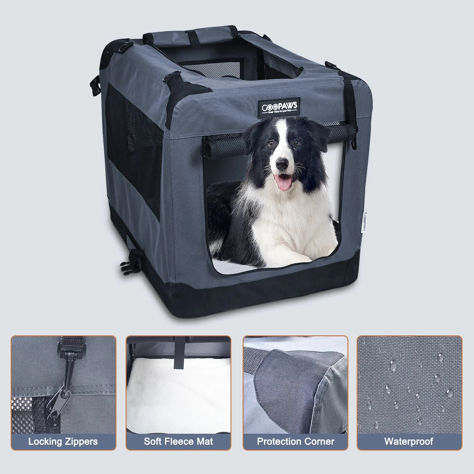 Jespet Indoor & Outdoor 3-Door Collapsible Soft-Sided Dog, Cat & Small Pet Crate, Gray, 36'' - Image 3