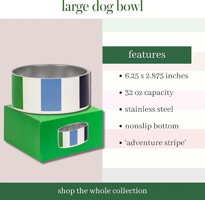 Kate Spade Adventure Stripe Food & Water Bowl for Dogs, Stainless Steel Large Bowl with Non-Slip Base - Image 5