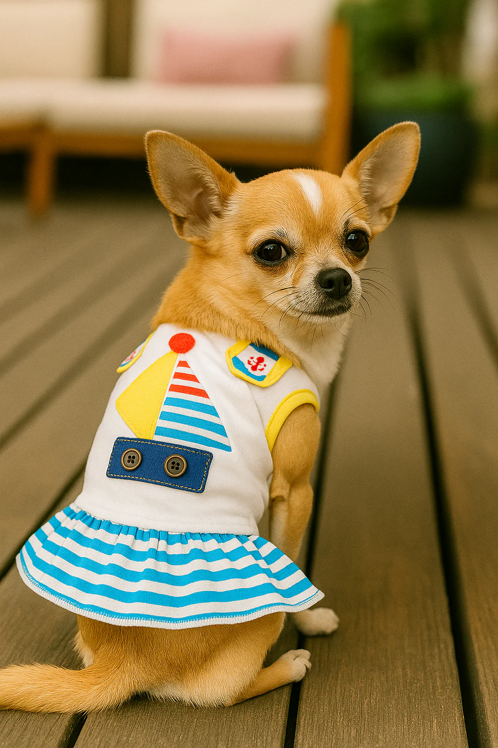 Parisian Pet 'Boat Dress' for Dogs and Cats, Designer Dog Dress, Tropical Apparel, Yellow Blue Red White - Image 3