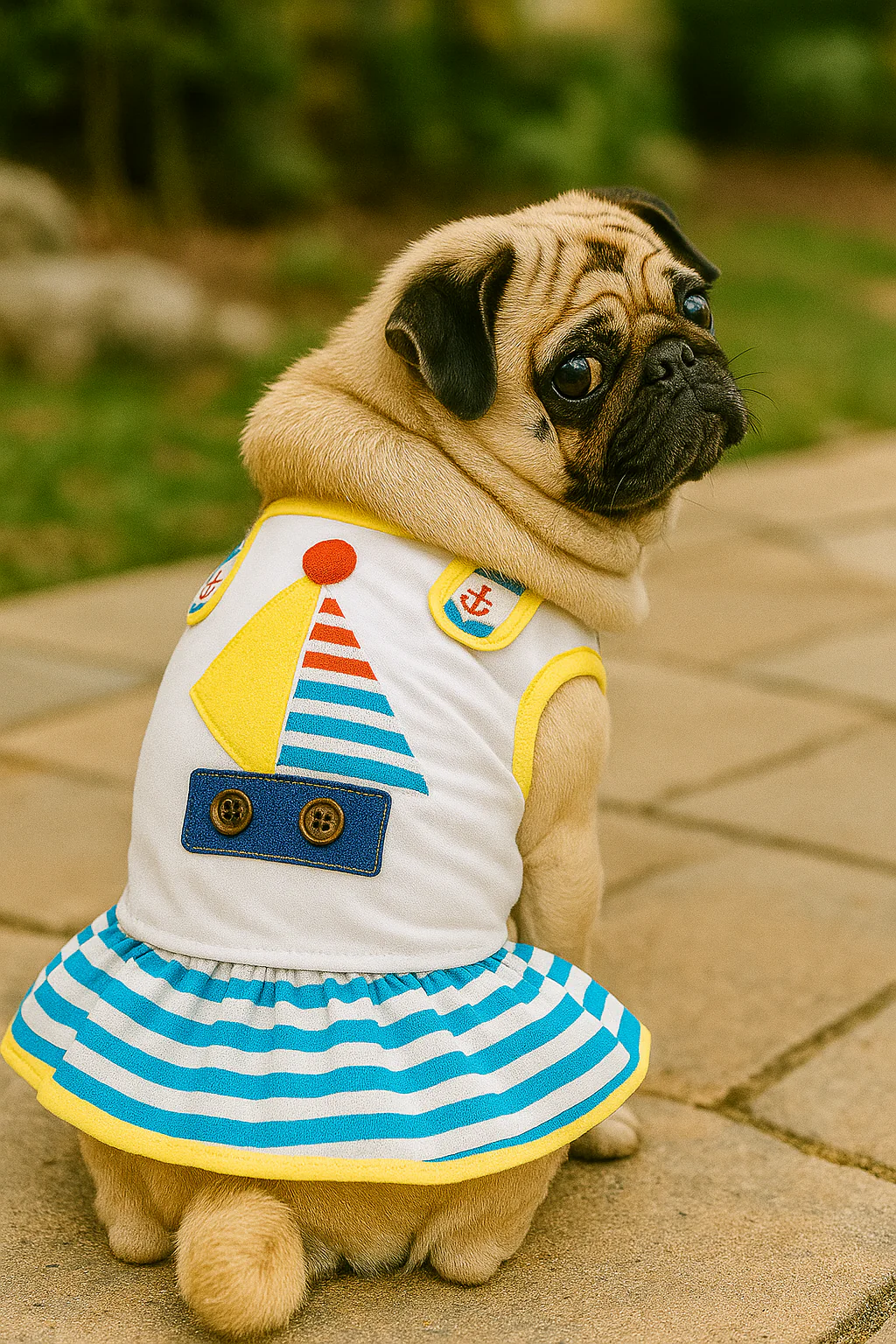 Parisian Pet 'Boat Dress' for Dogs and Cats, Designer Dog Dress, Tropical Apparel, Yellow Blue Red White - Image 4
