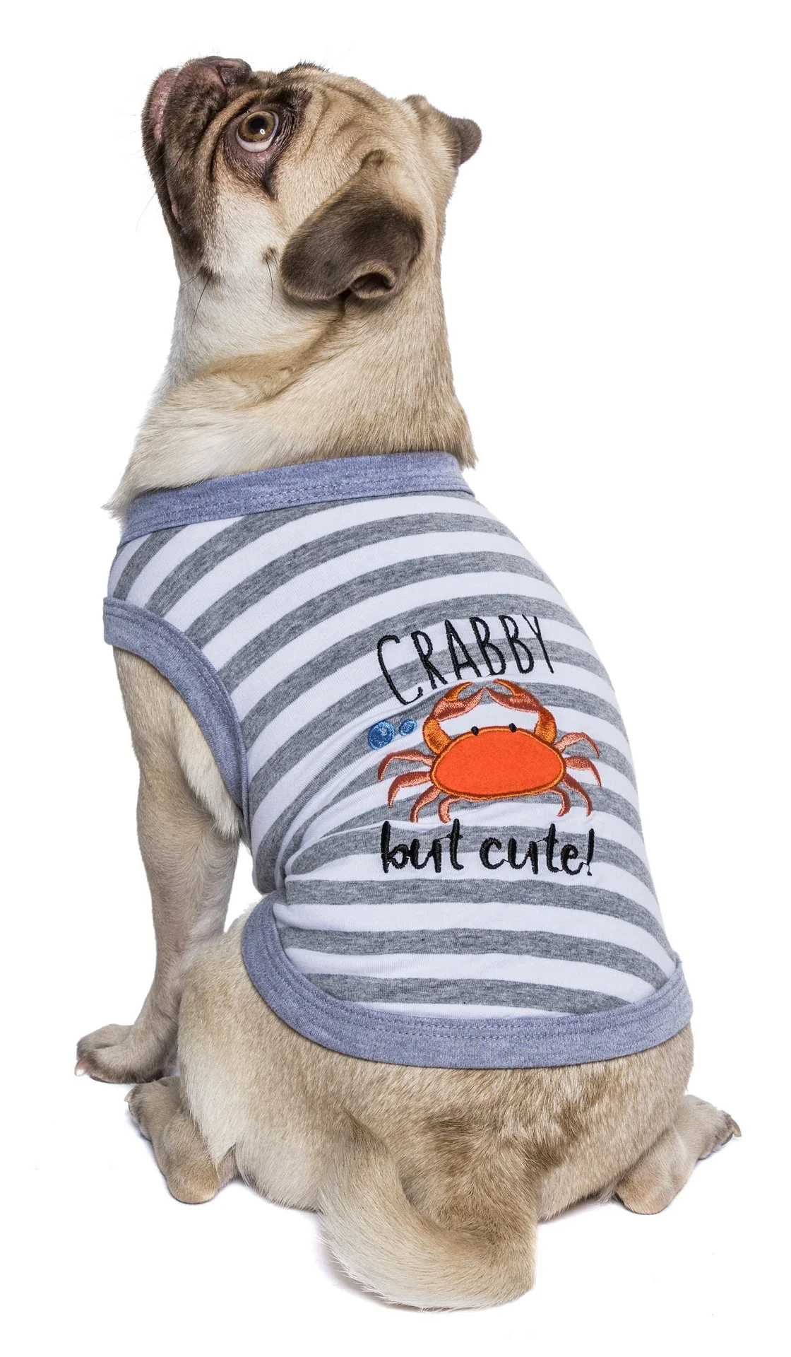 Parisian Pet 'Crabby But Cute Tee' Embroidered Dog Shirt - Trendy Pet Apparel for Dogs & Cats, Gray and White Stripes - Image 3